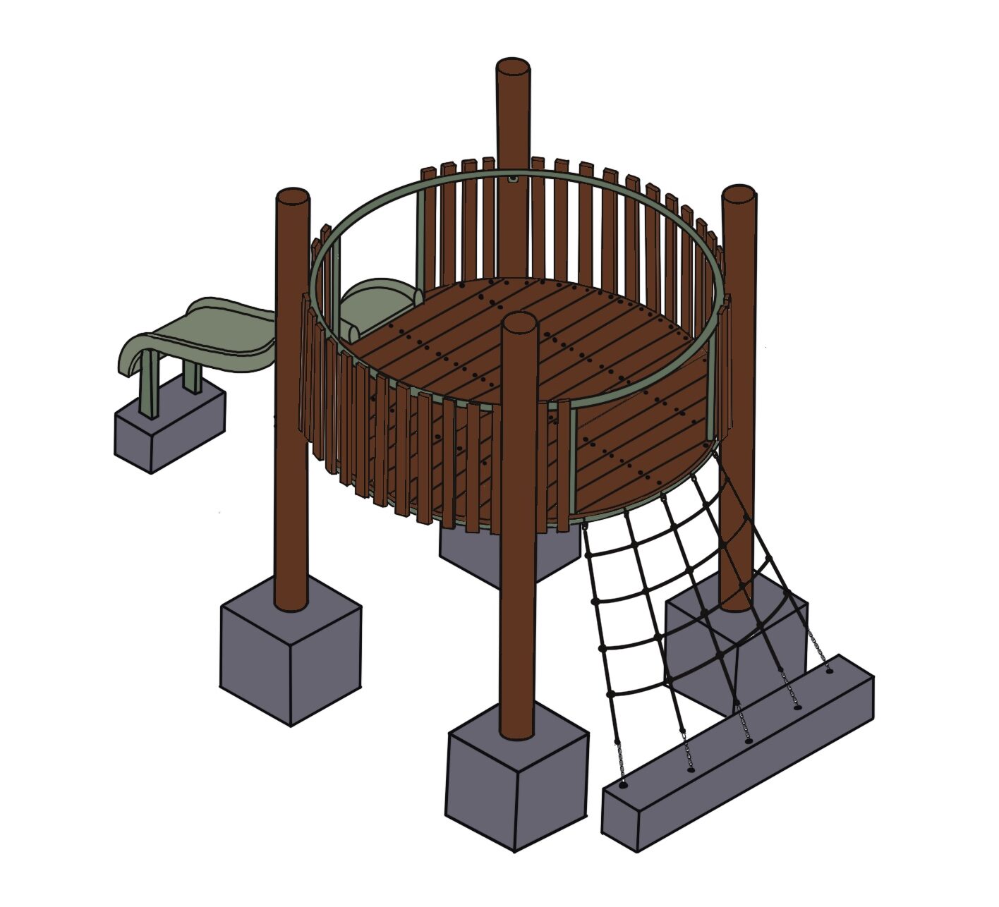 Carved wooden playground tower with slide, climbing net, and safety rails, designed for children's outdoor play areas, featuring durable construction and aesthetic appeal for parks and recreational spaces.
