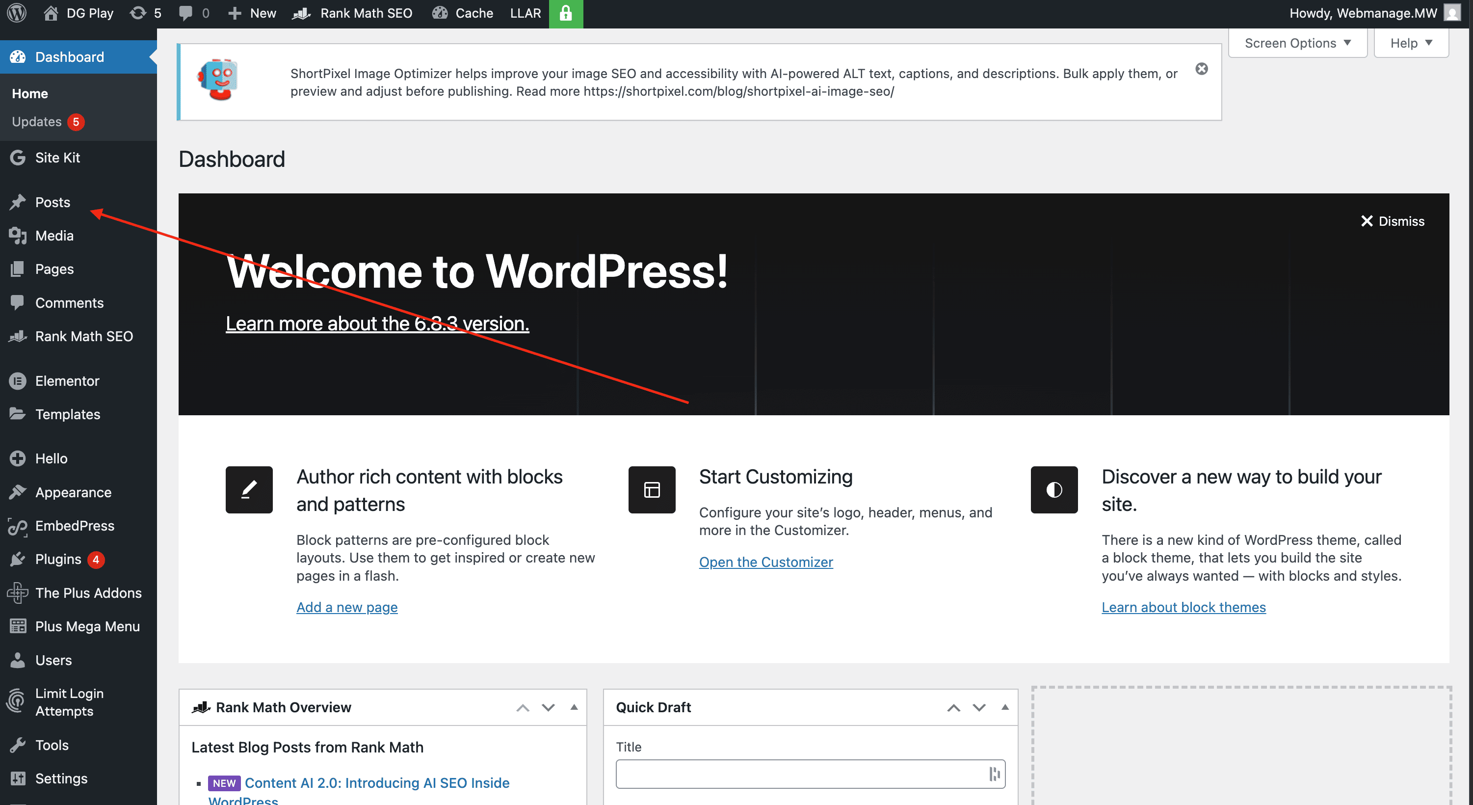 DG Play homepage featuring a user-friendly WordPress dashboard for website management and SEO optimization services.
