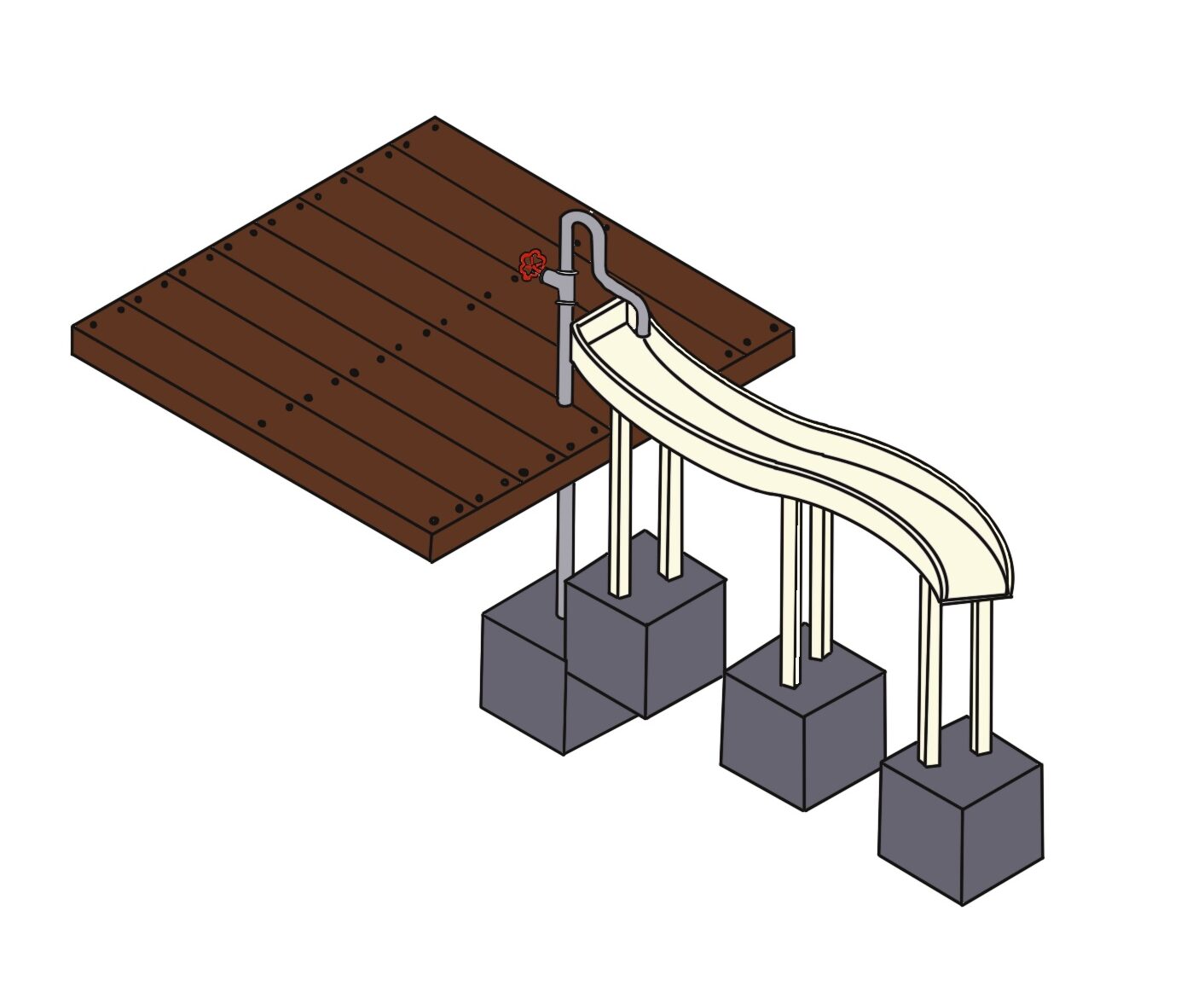 Sliding water slide at DG Play playground, featuring a curved slide on sturdy support pillars, wooden platform for access, and vibrant outdoor recreational equipment for kids' fun and entertainment.