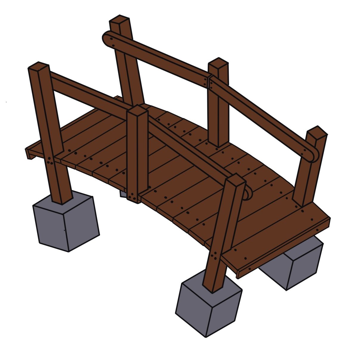 Wooden playground bridge with safety rails, supported by concrete blocks, designed for children's outdoor play areas.