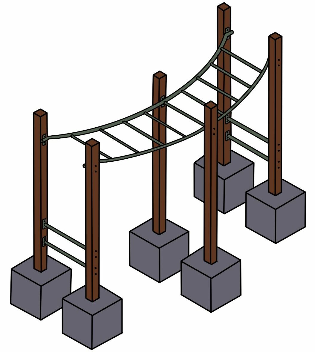 Climbing play structure with wooden posts, metal rungs, and concrete bases, ideal for outdoor playgrounds and children's recreational areas. Suitable for outdoor active play and development.