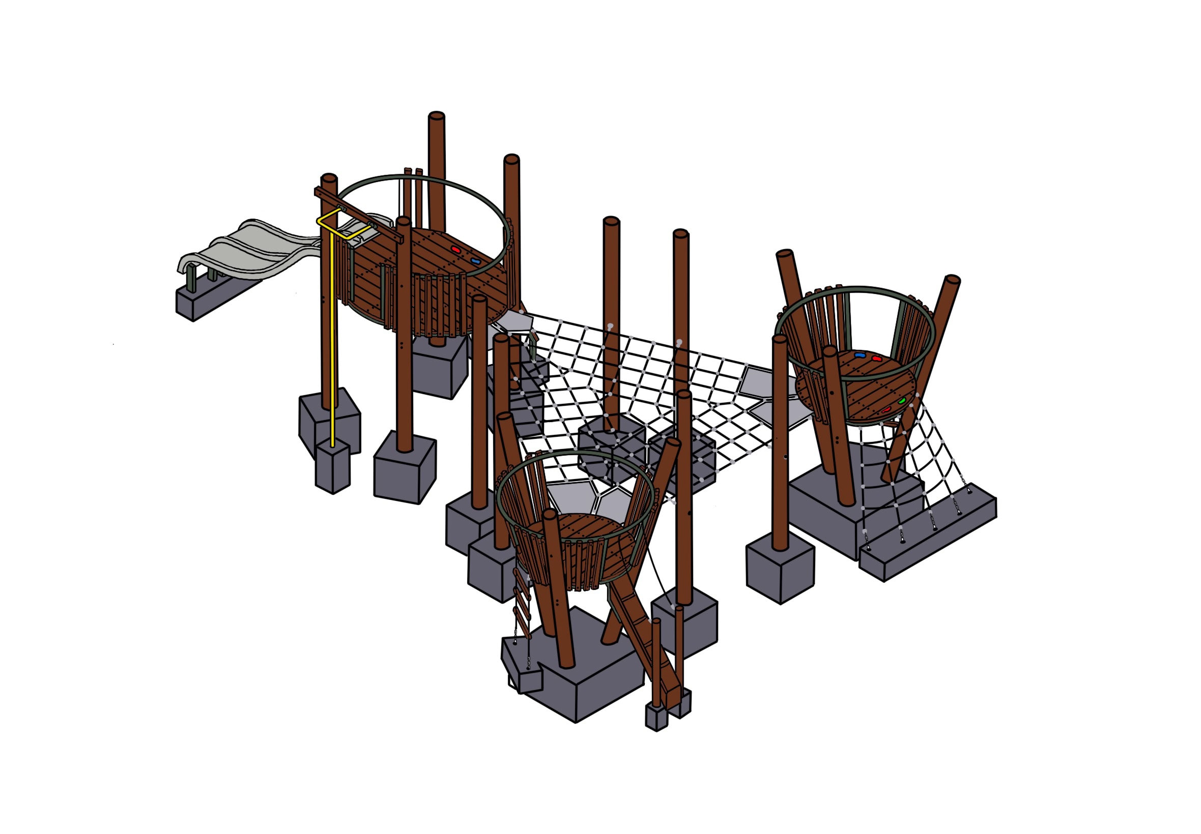 Playground outdoor climbing structure with slides and rope bridges for children at DG Play in Australia.