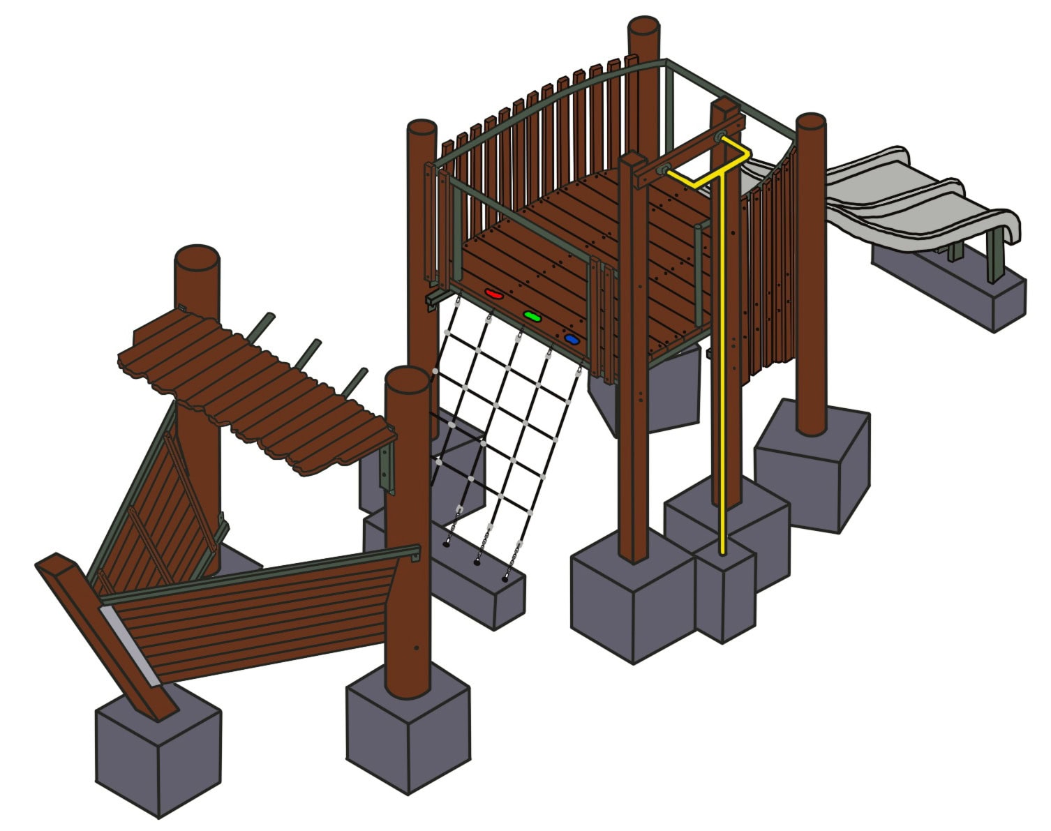 Natural wood playground with climbing ropes, slides, and play structures for outdoor kids' recreation, featuring durable timber and safety features.