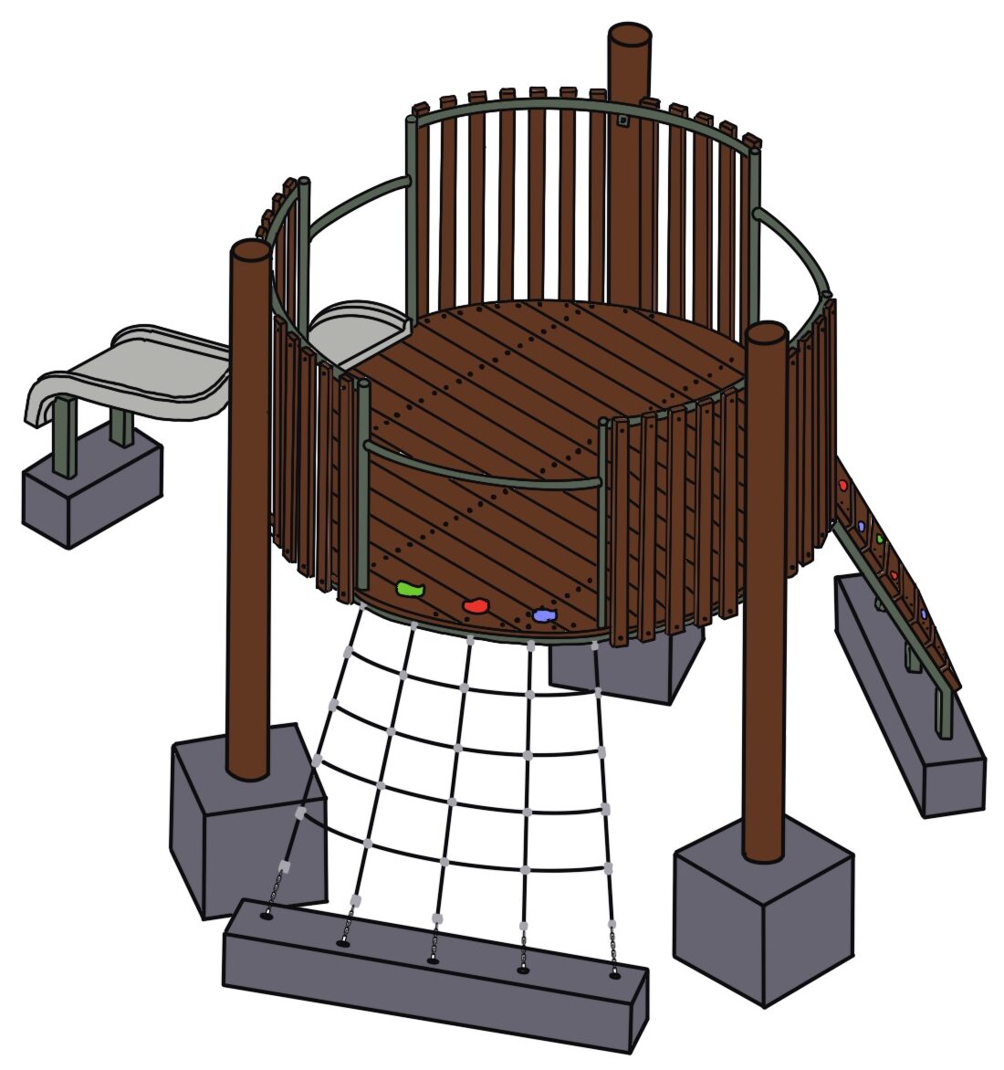 Wooden outdoor playground with climbing web, slide, and safety barrier, perfect for kids' play areas and playground equipment.