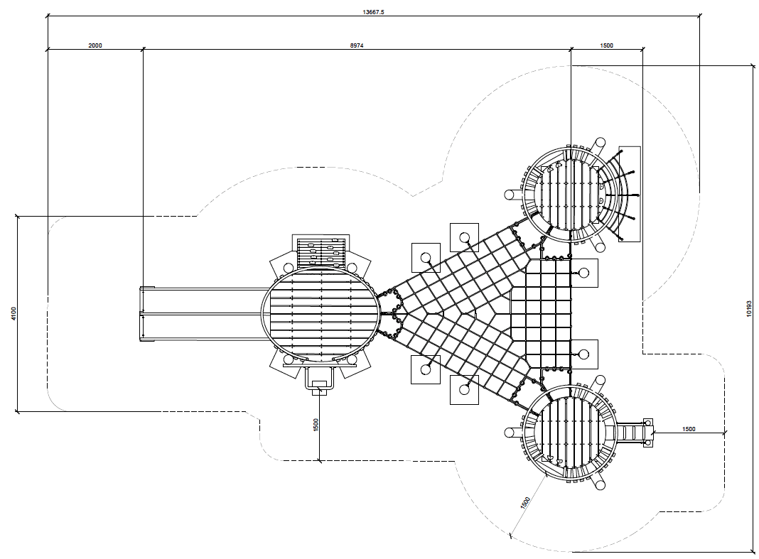 Colorful outdoor playground structure with climbing nets, tunnels, and slides, designed for children's entertainment and active play at DG Play.