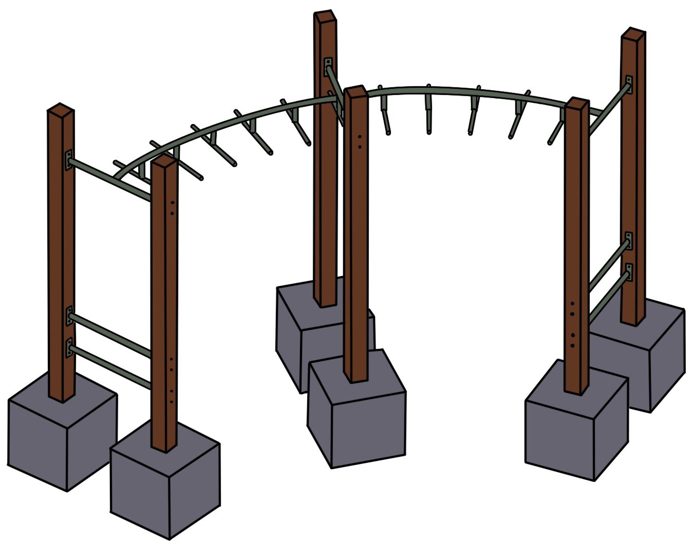 Climbing frame with wooden posts and metal bars on concrete bases, outdoor playground equipment for children.