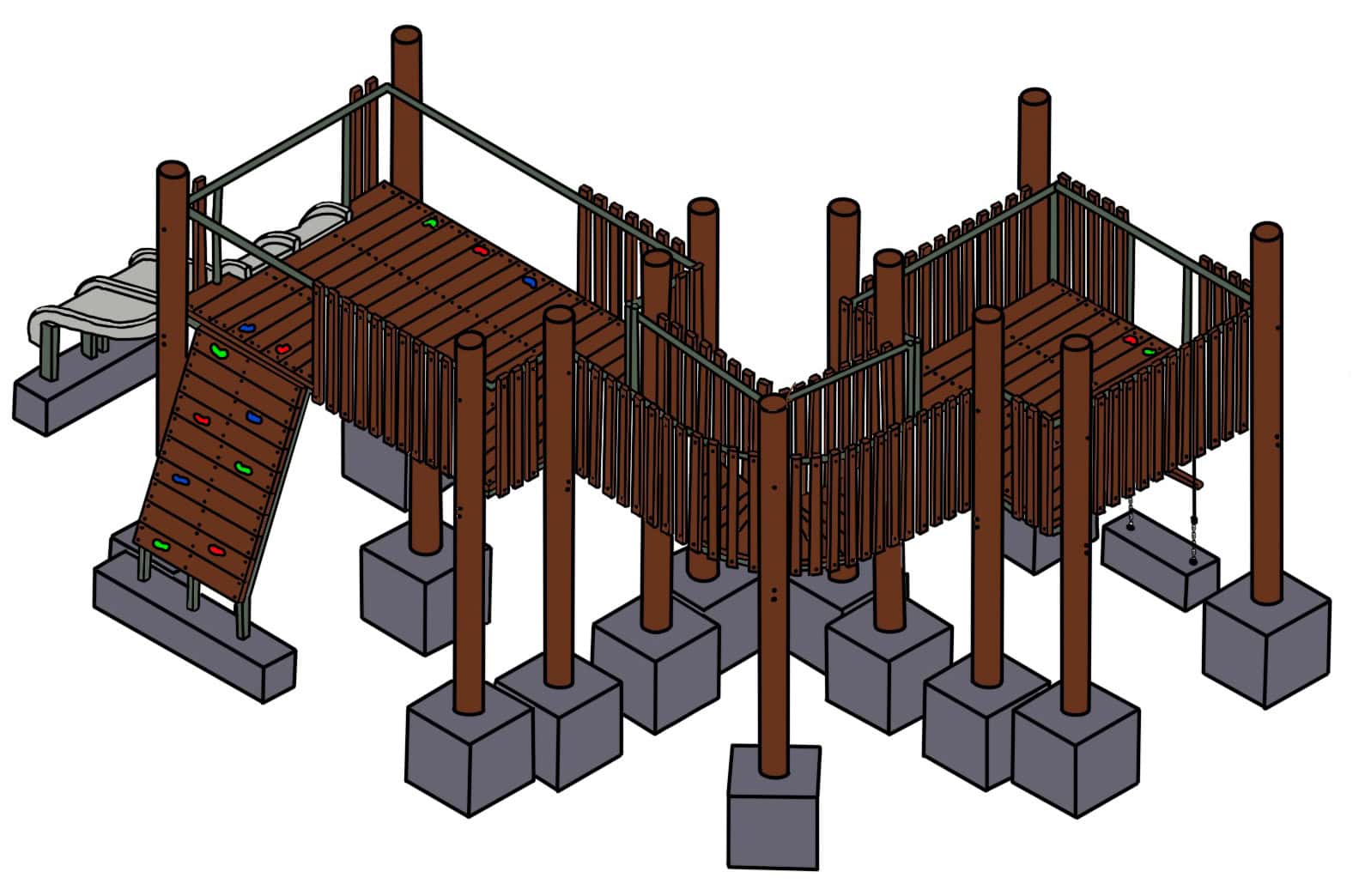Climbing playground structure with slides, bridges, and swings made of wood and metal for outdoor recreational activities.