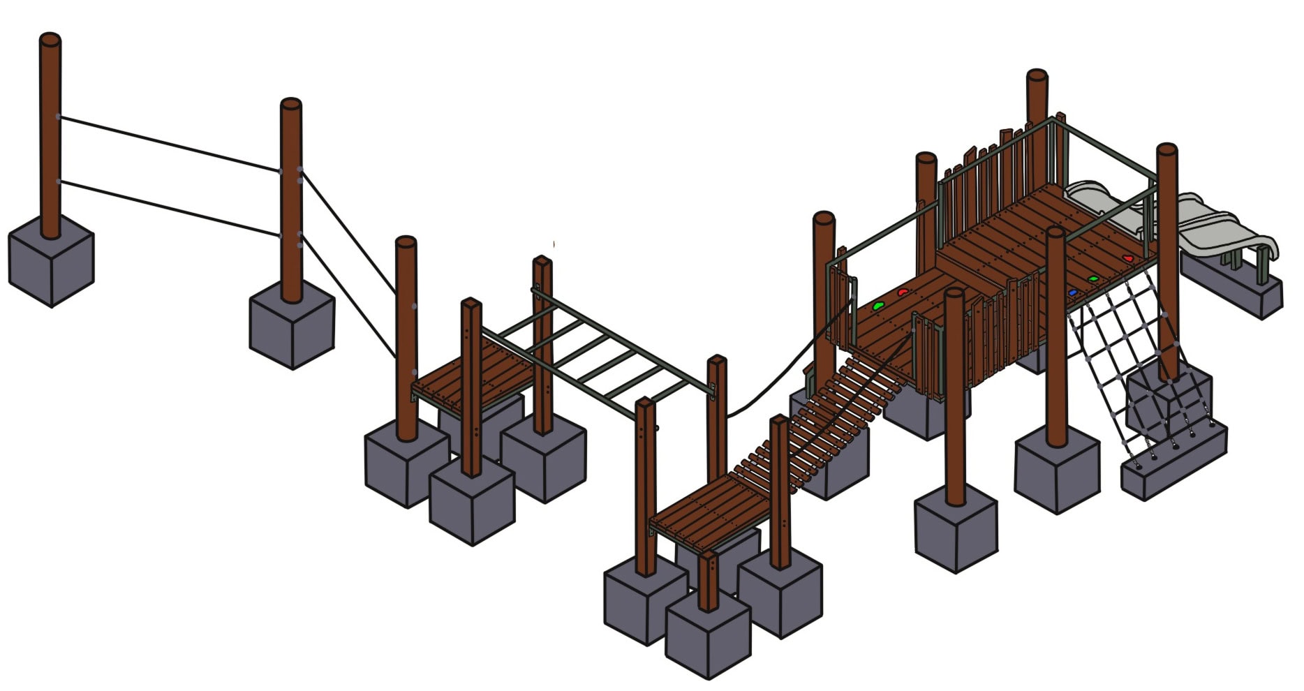 Fortress adventure playground with wooden structures, climbing nets, bridges, and slides for kids' outdoor play and fitness activities.