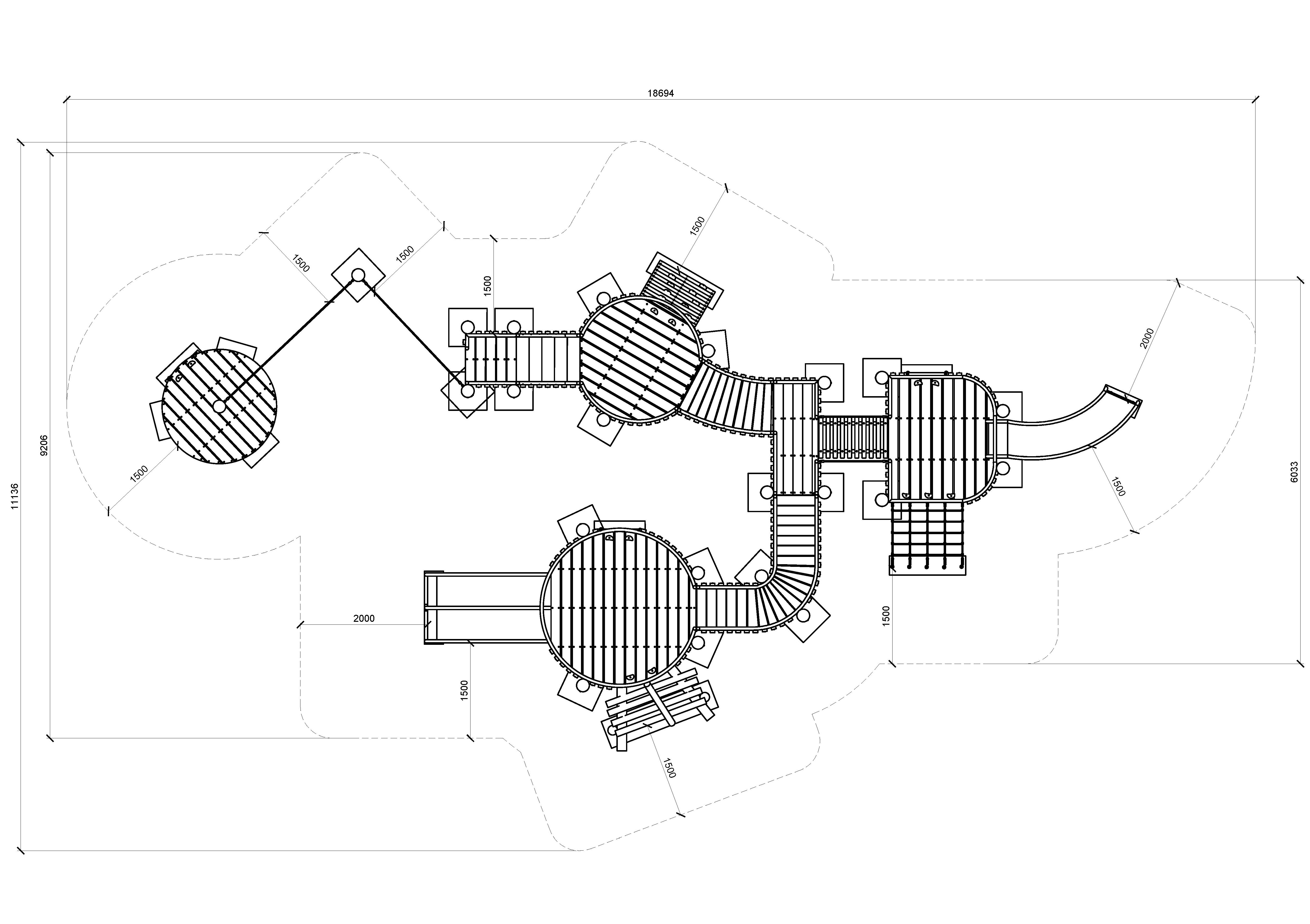 Colorful playground equipment including slides, bridges, and climbing areas for kids' outdoor fun.