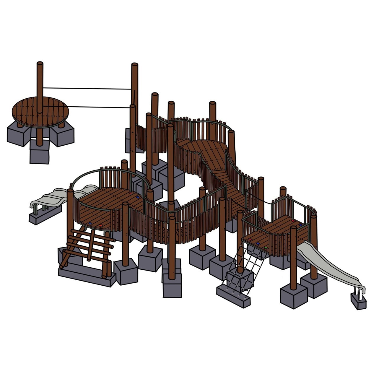 Colorful outdoor adventure playground with wooden structures, slides, climbing nets, and bridges for children’s fun and physical activity.