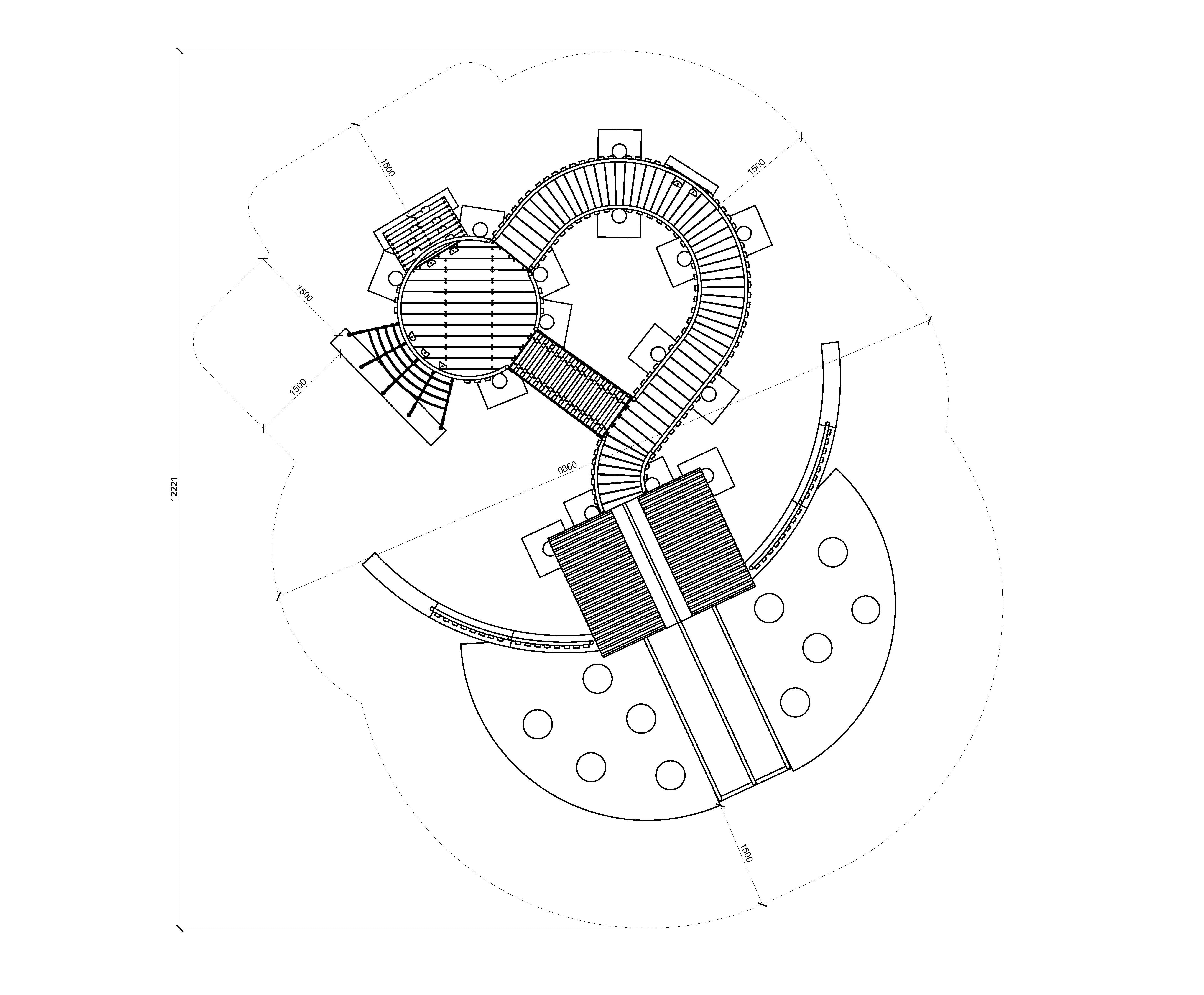 An architectural blueprint of a modern playground play structure featuring slides, stairs, and climbing elements for children’s recreation. Perfect for playground construction and development.