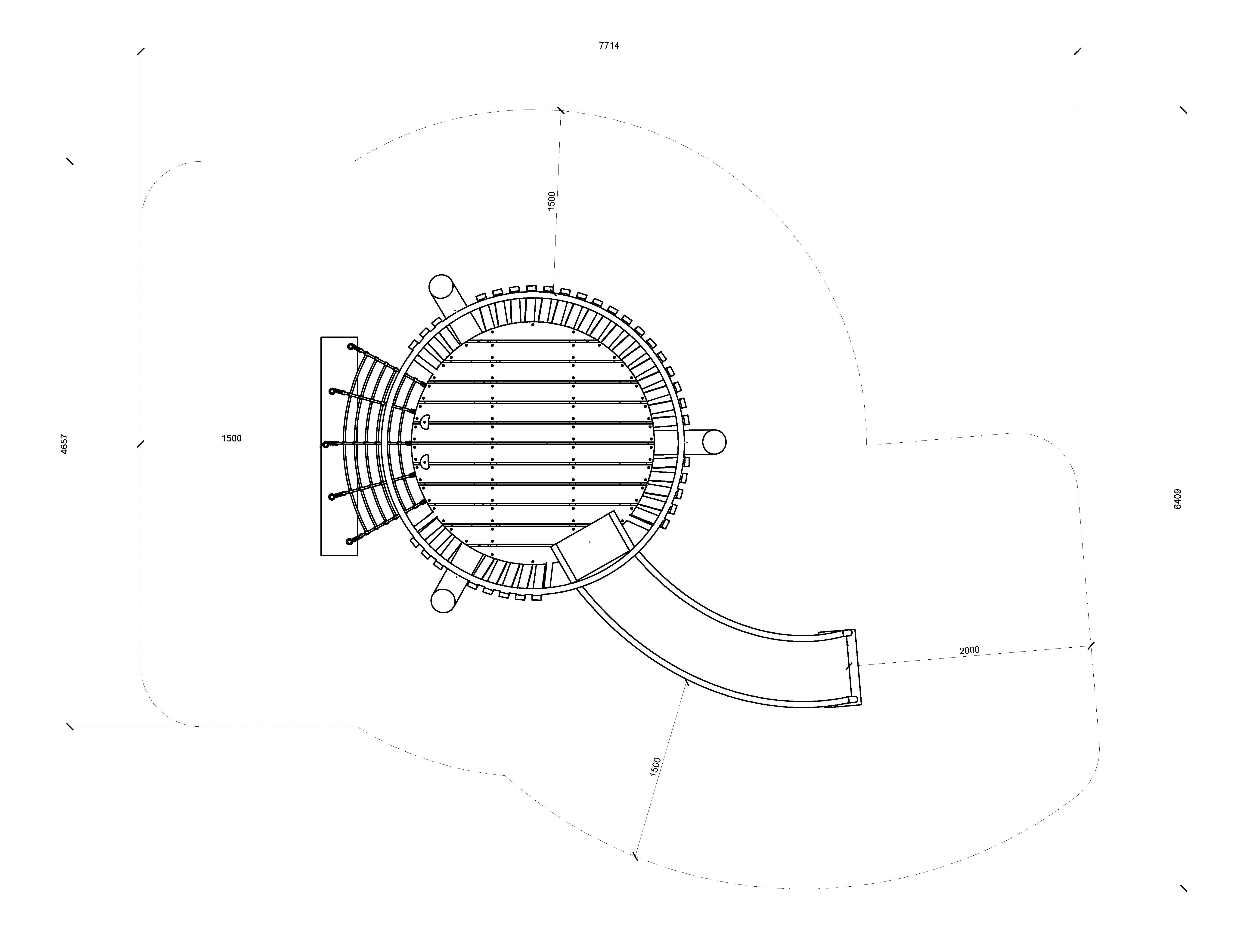 Detailed architectural blueprint of a circular outdoor play structure with slide, ladders, and safety features.