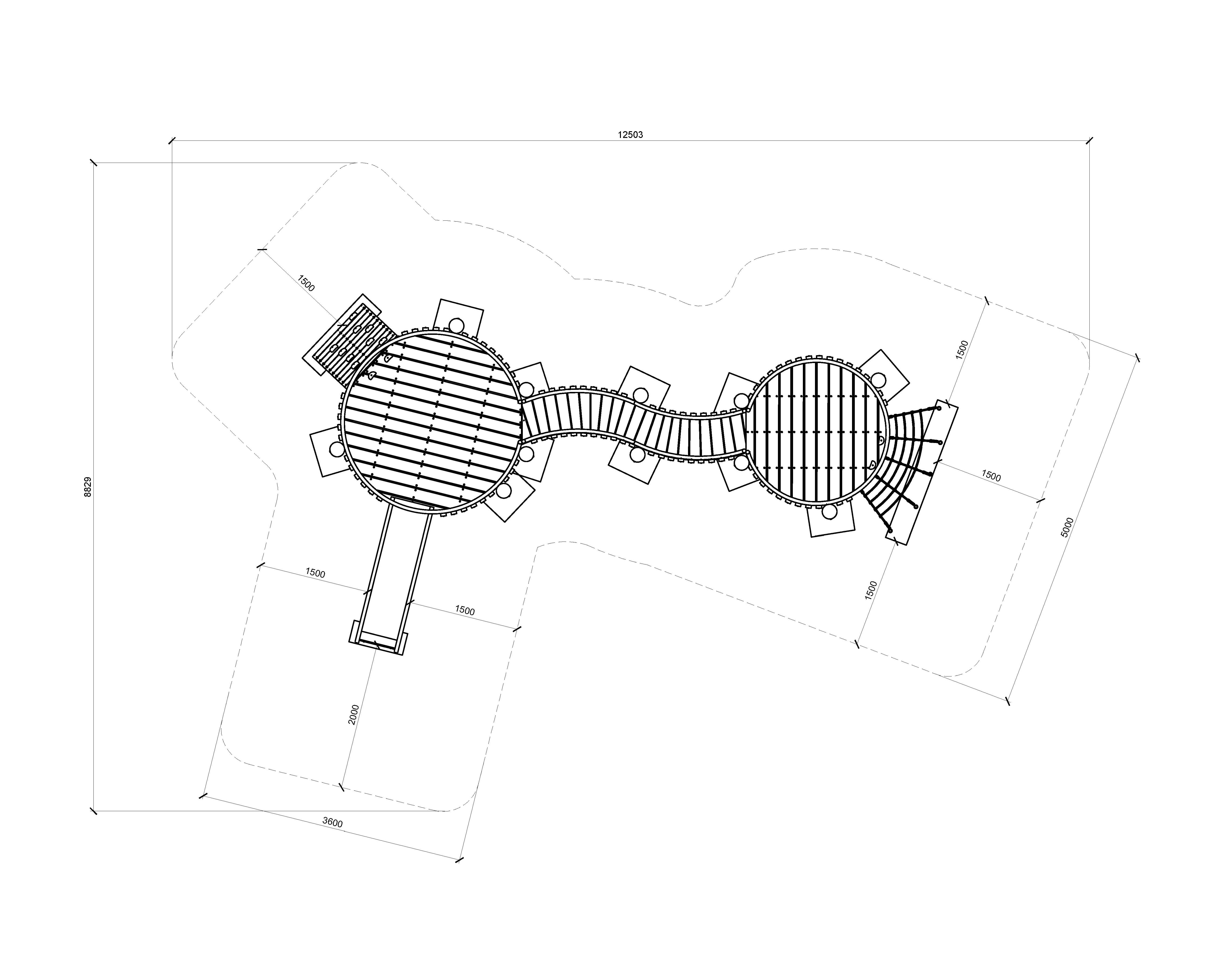 Detailed blueprint of a modern playground with interconnected circular platforms, slides, and climbing structures for children's outdoor fun and play area safety.