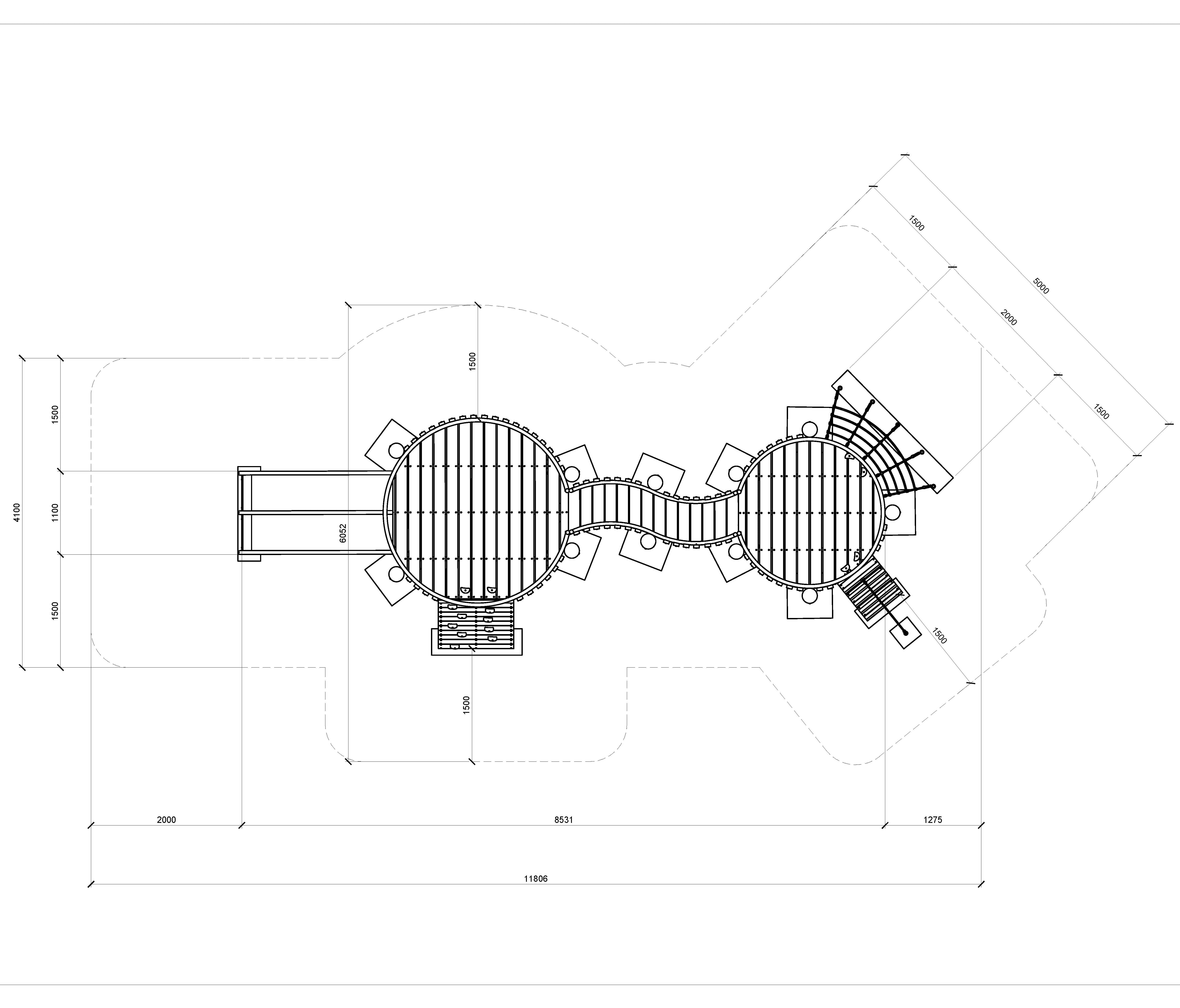Detailed blueprint of a modern playground layout featuring interconnected circular and curved play structures, slides, stairs, and safety zones. Perfect for children's recreational spaces and park planning.