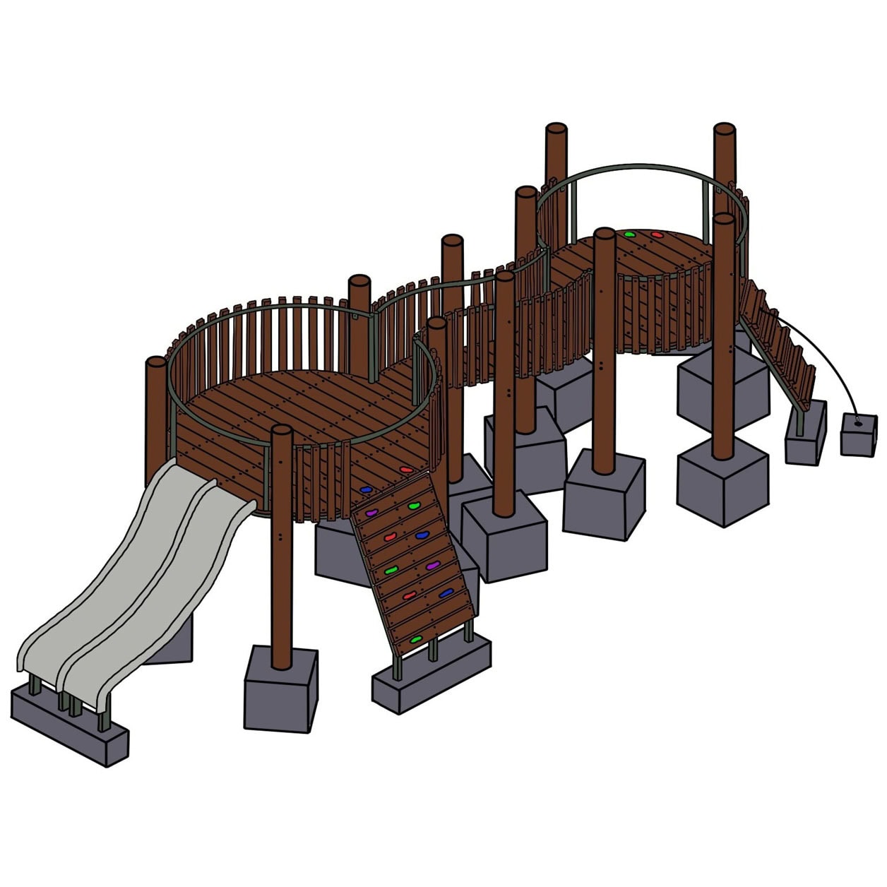Colorful wooden playground structure with slide, climbing walls, and various interactive features for kids’ outdoor fun and adventure.