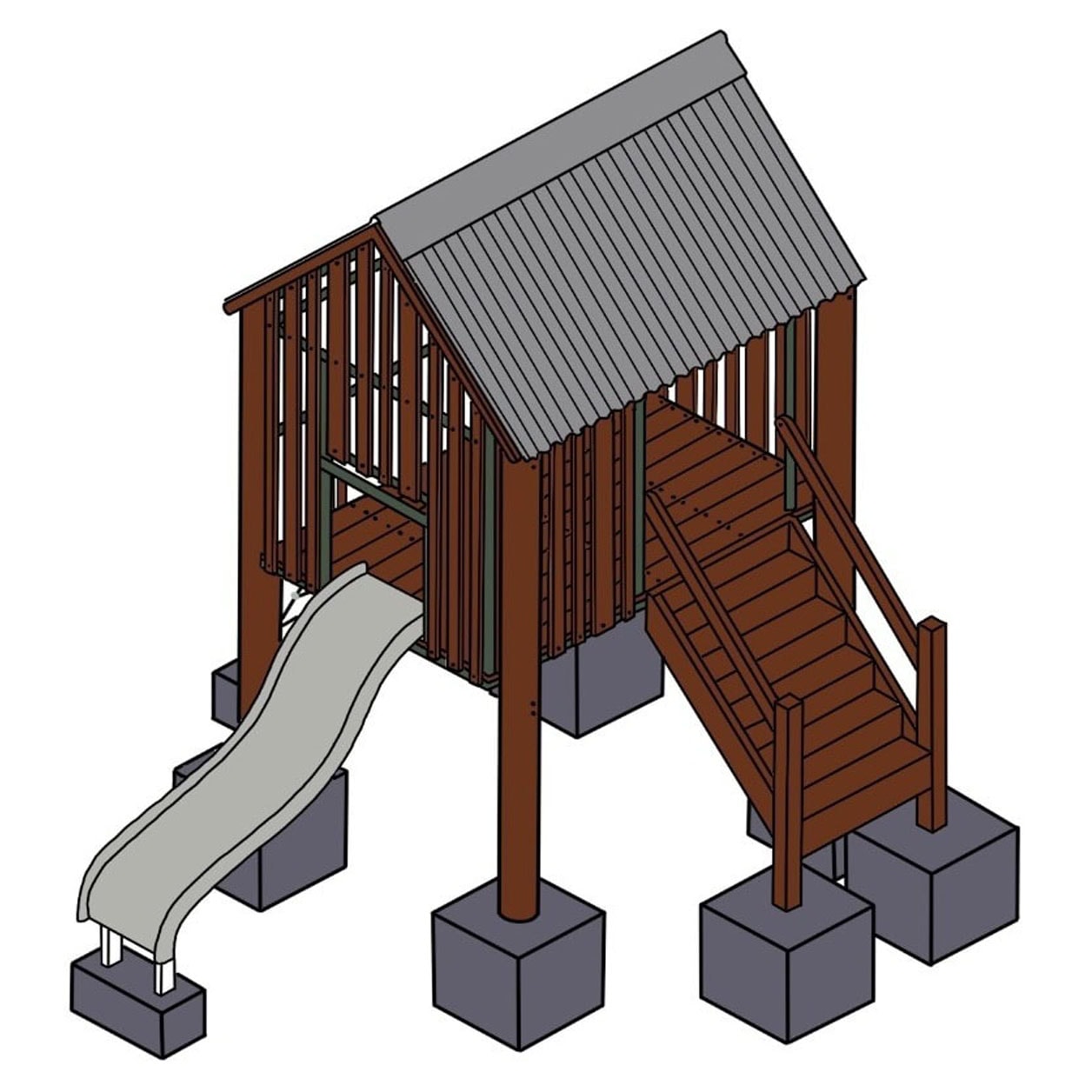 A detailed illustration of a wooden treehouse with a slide, stairs, and protective railings, perfect for kids' outdoor play and adventure. Features durable wood and safety elements.