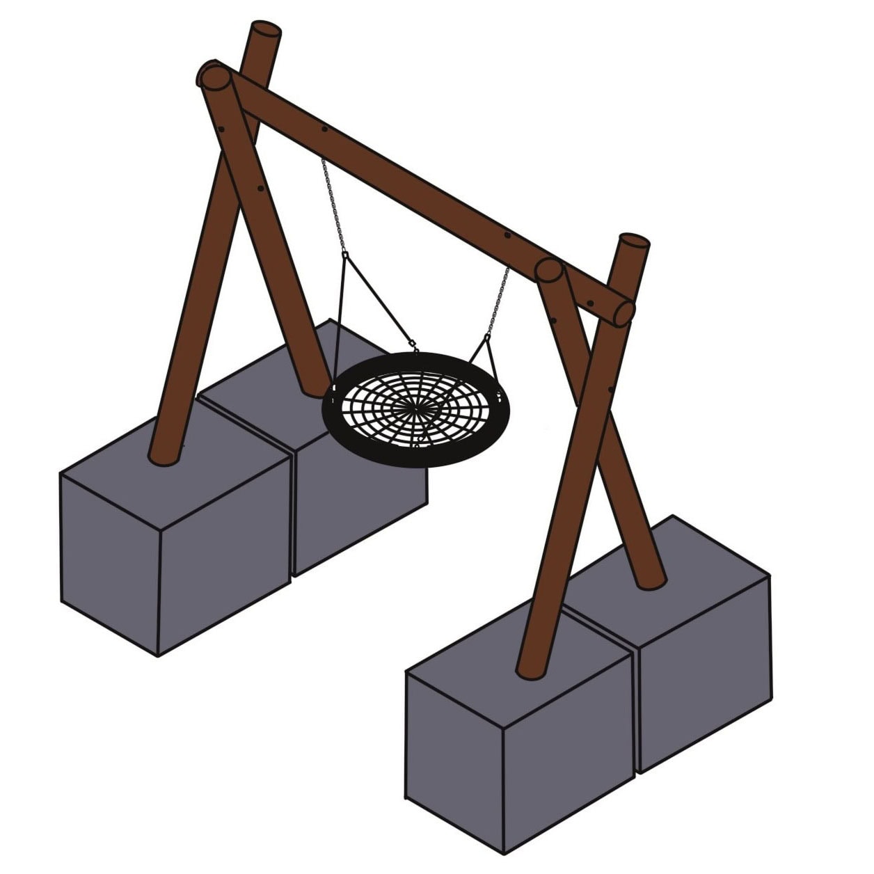Child outdoor swing set made of wooden frame, concrete blocks as base, and a black circular spider web seat for kids' play.