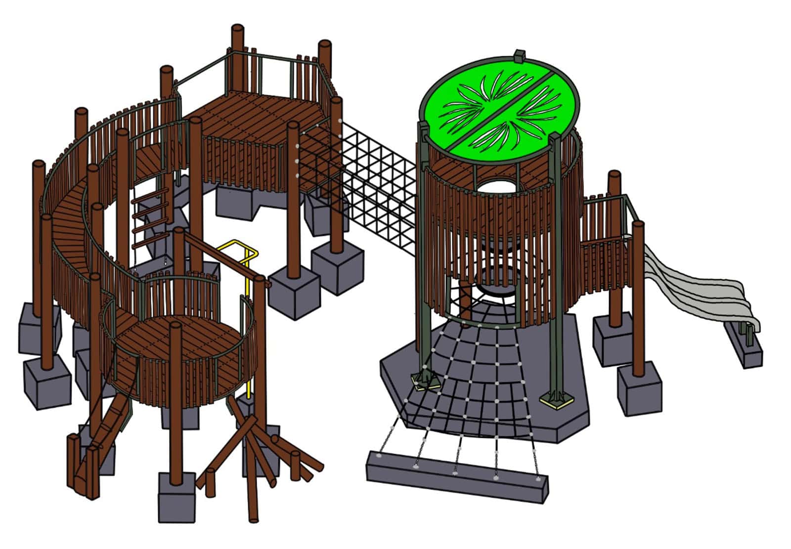 Colorful wooden playground with slides, swings, climbing ladders, and a circular green roof on tower for kids' outdoor fun and active play.