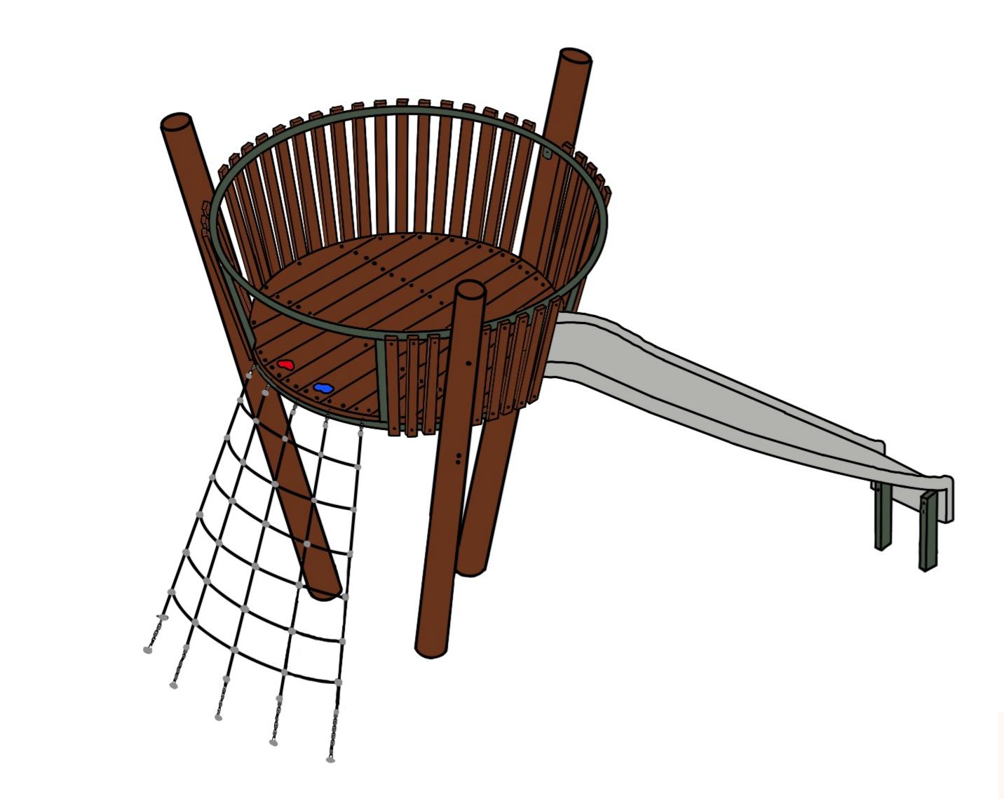 Tree Top Hideaway by DG Play, a round timber treetop fort with a slide and rope net ladder