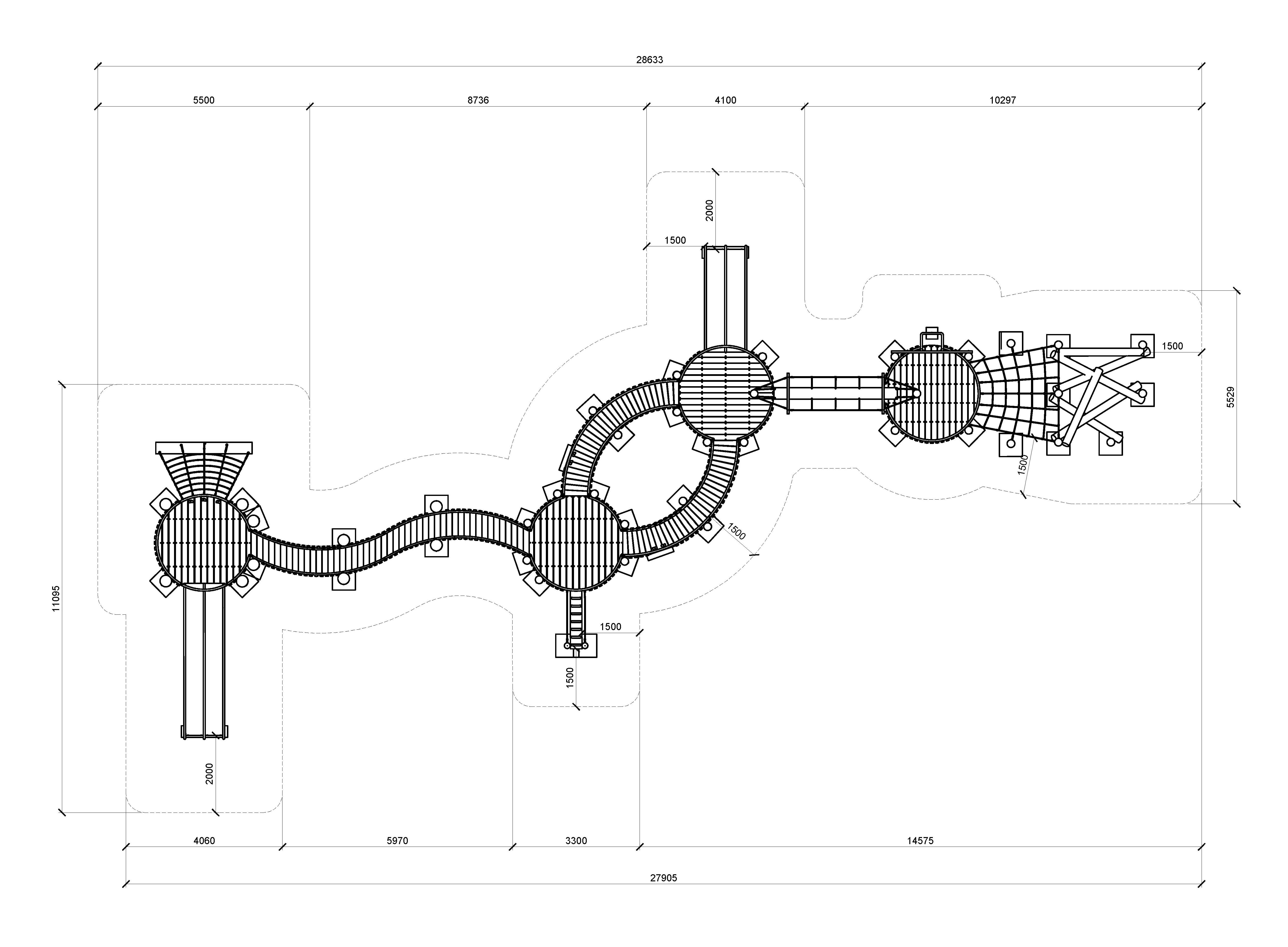 Detailed blueprint of a fun and safe playground structure with slides, bridges, and climbing elements for kids’ outdoor recreation.