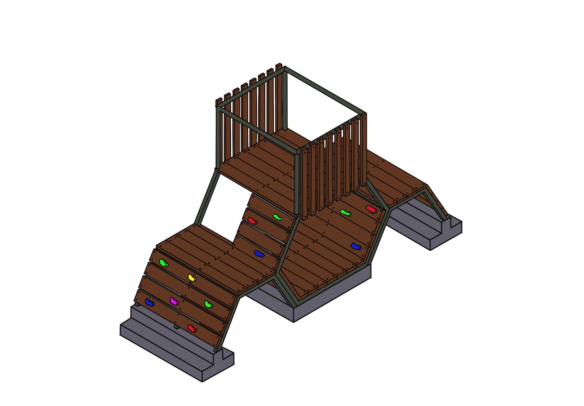 Small wooden climbing structure for kids with colorful handholds, featuring a platform and slide, designed for outdoor play and active fun.