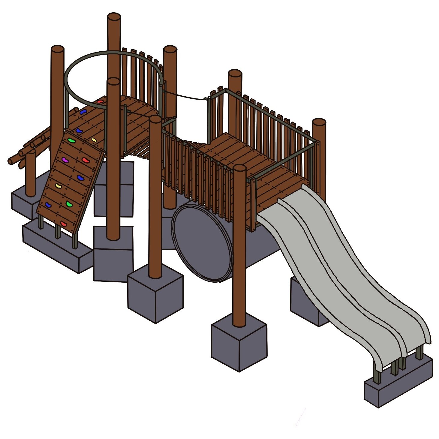 Kids playground with slide and climbing wall for outdoor fun.