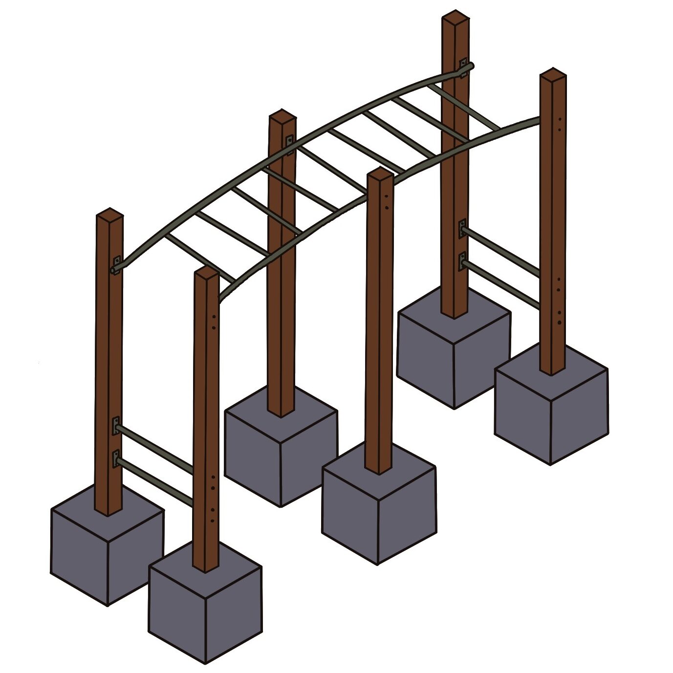 Up curved monkey bars playground equipment designed for children's outdoor play, featuring sturdy wooden posts and metal bars for climbing and swinging fun.