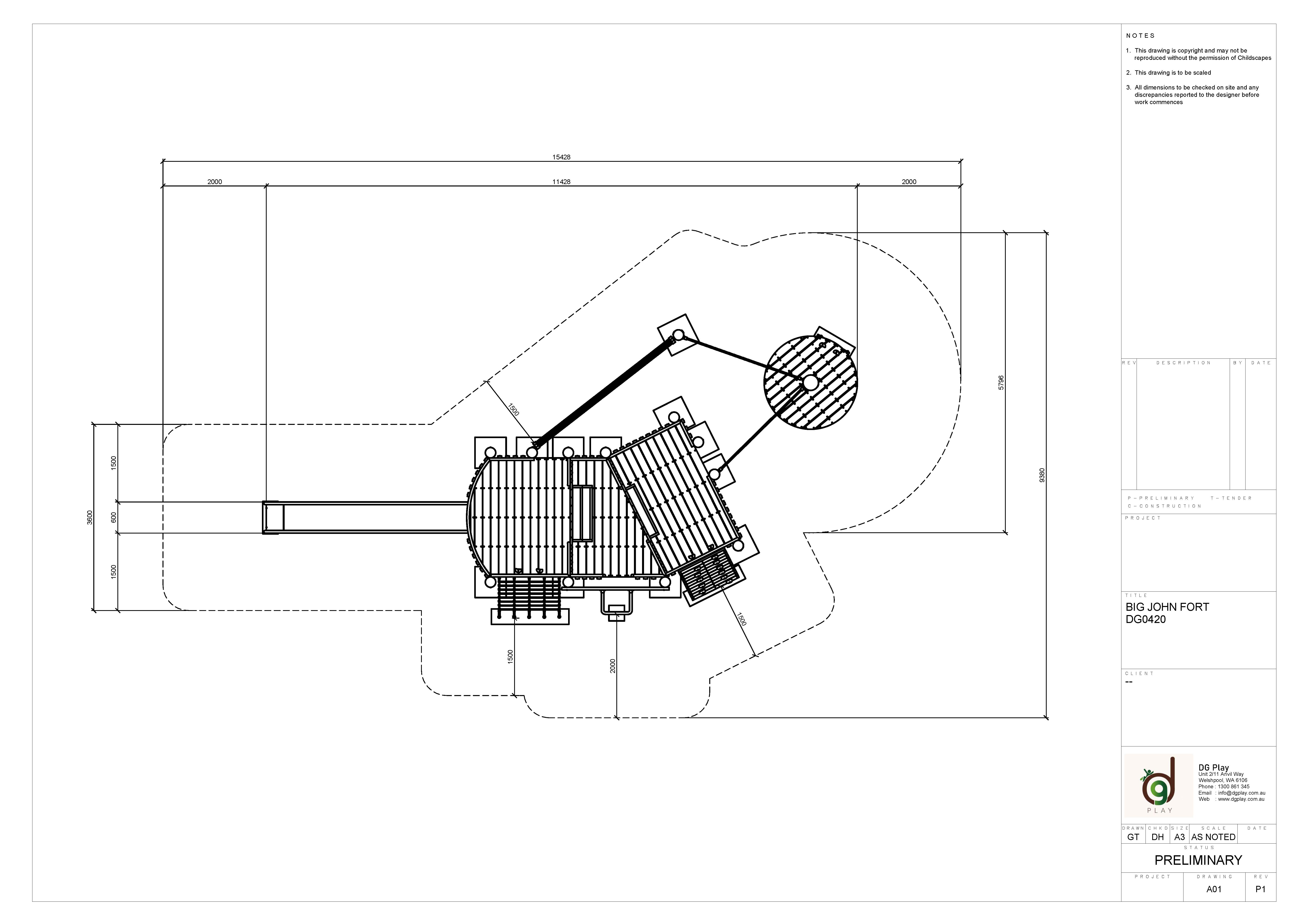 Architectural plan of the Big John Fort playground structure, showcasing detailed layout and design elements for outdoor play area.