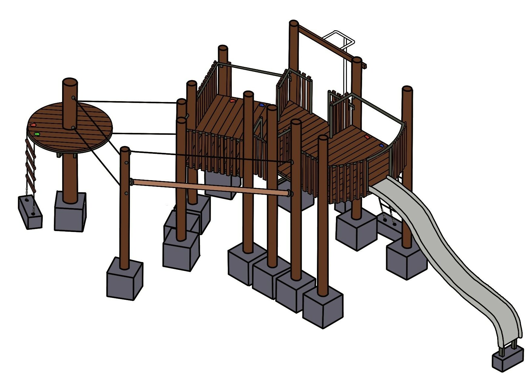 Large wooden playground fort with slides, climbing areas, and activity zones for kids' outdoor play and adventure.
