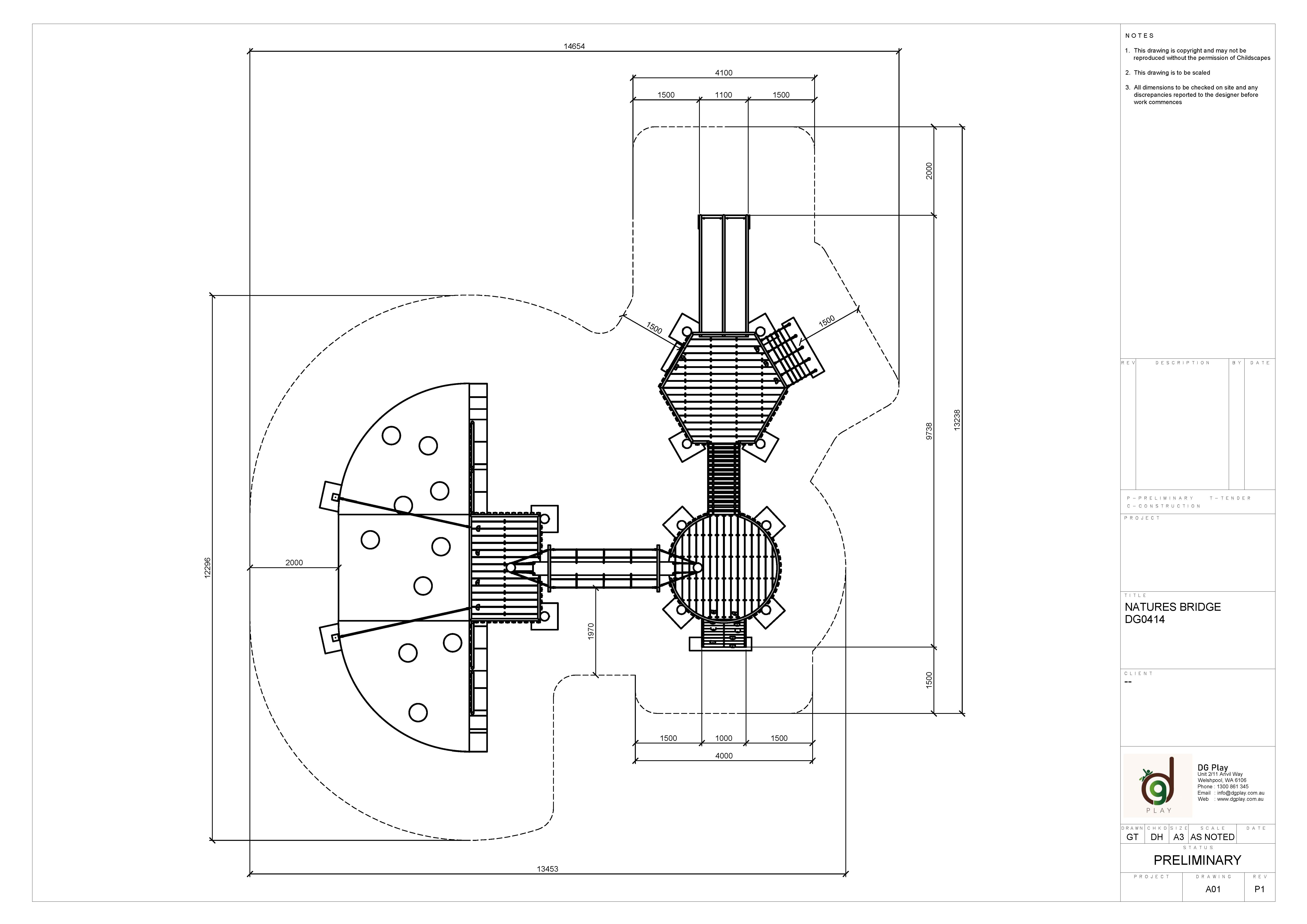 Architectural blueprint of Nature's Bridge playground structure, featuring interconnected platforms and bridges, designed for outdoor play areas.