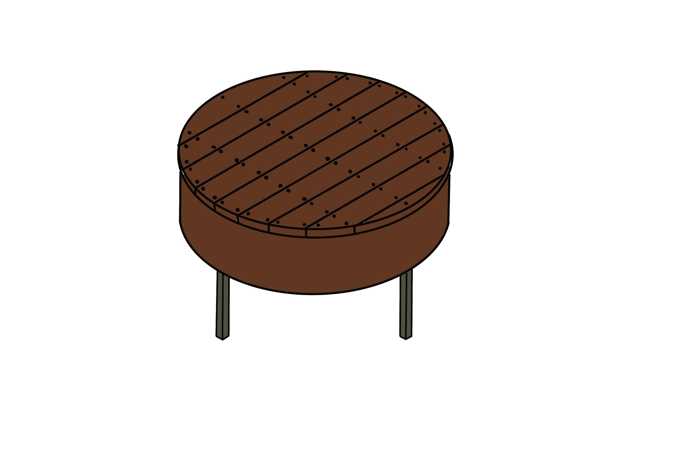 A wooden platform pod with a round shape, elevated on metal legs, ideal for outdoor seating, gatherings, or stage setups. Durable construction suitable for various outdoor environments.
