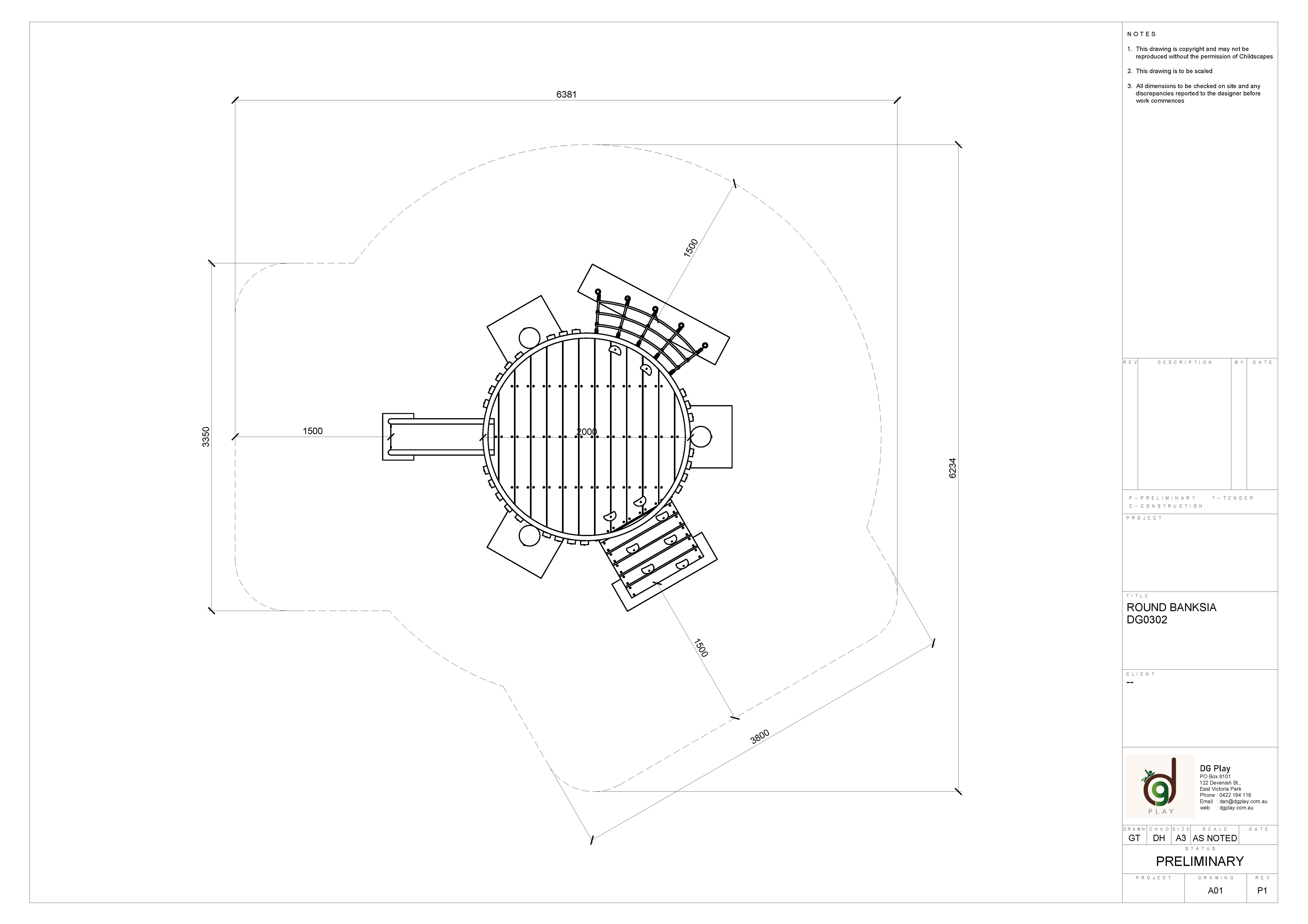 Architectural plan of a round Banksia-themed playground structure, featuring multiple entry points and surrounding landscape layout, designed for outdoor play areas.