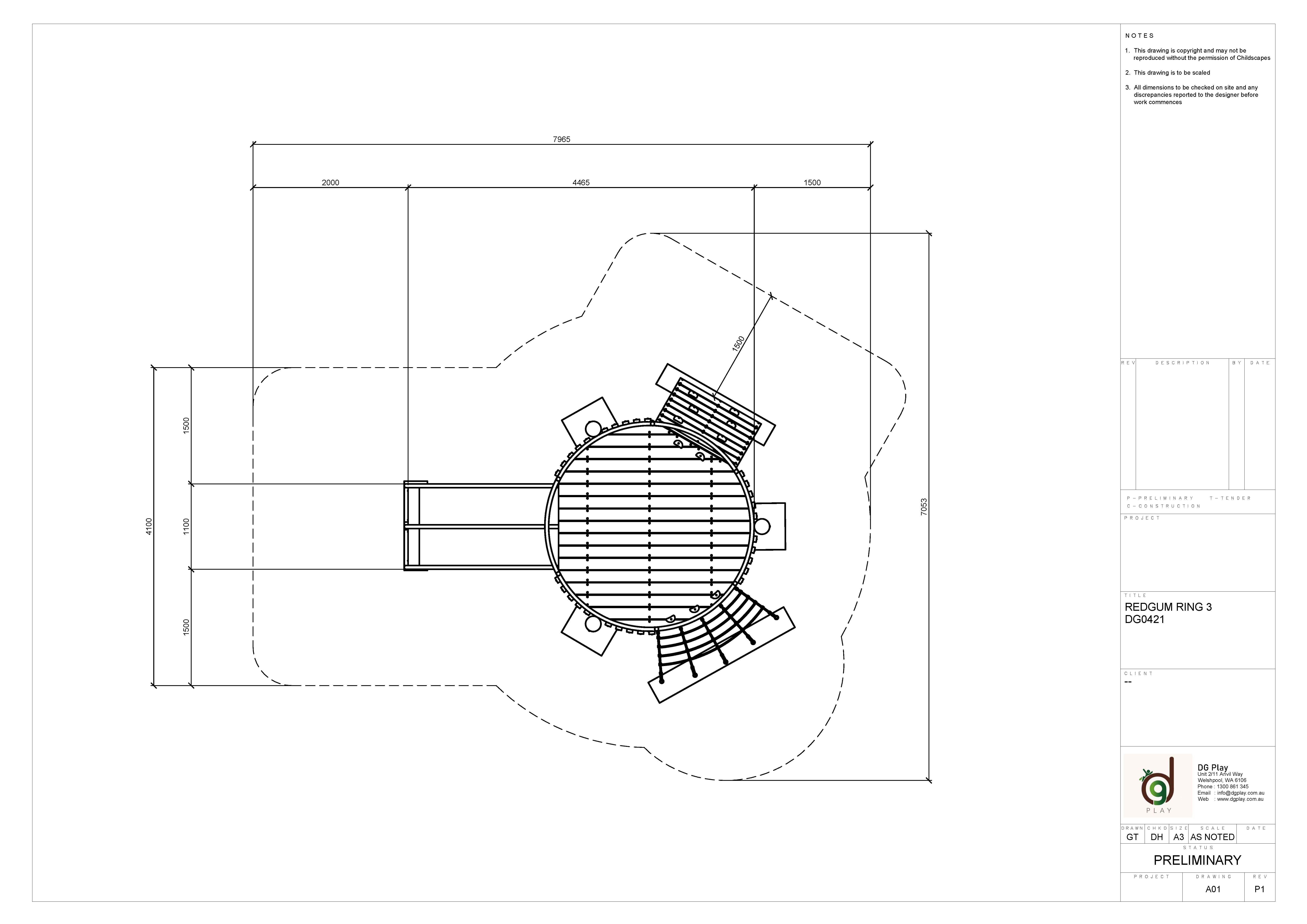 Detailed blueprint of the Redgum Ring 3 playground structure, showcasing its circular design with stairs and platform for children's outdoor play.