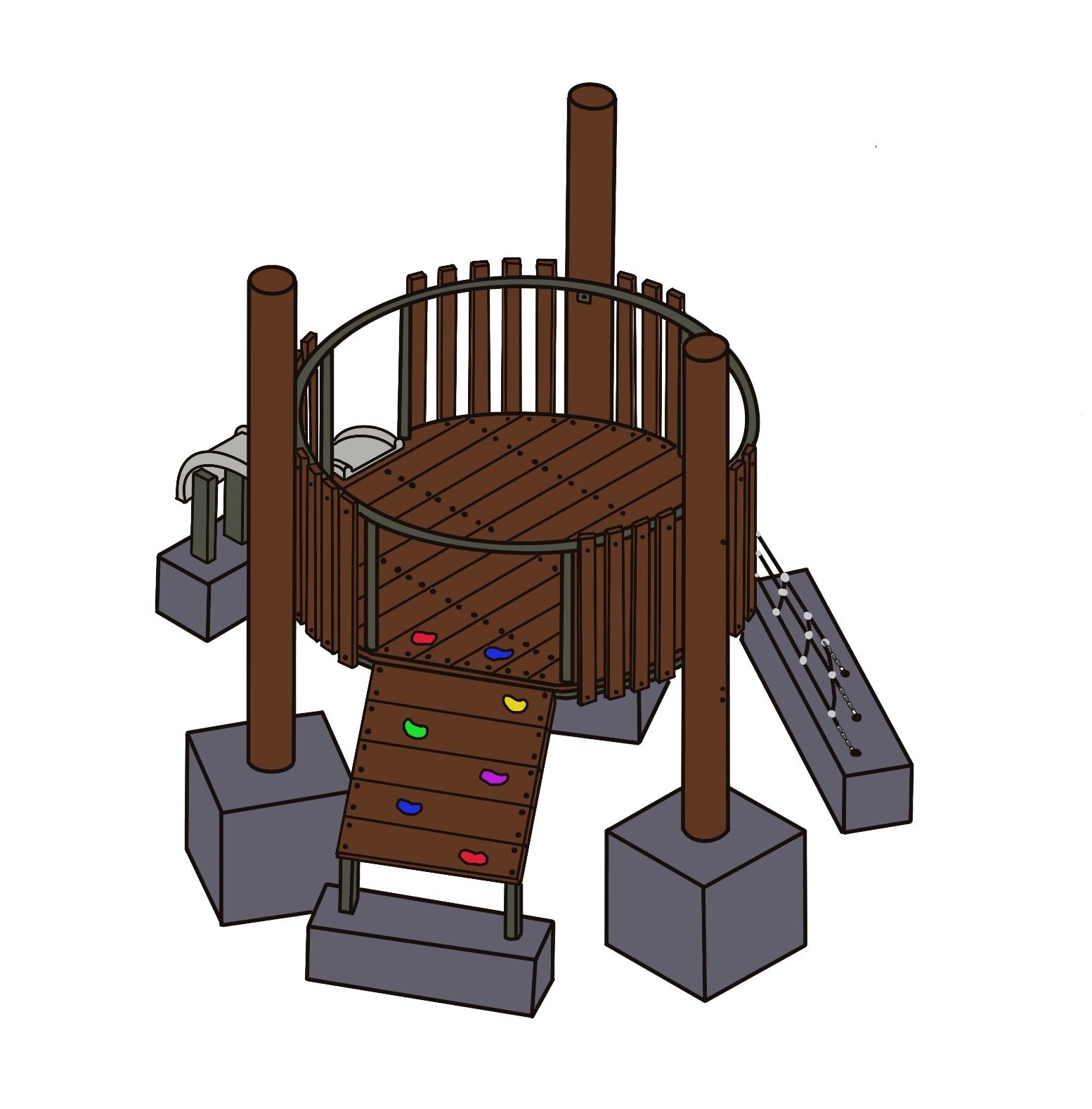 Playground with a round Banksia-inspired design featuring wooden elements and climbing features.