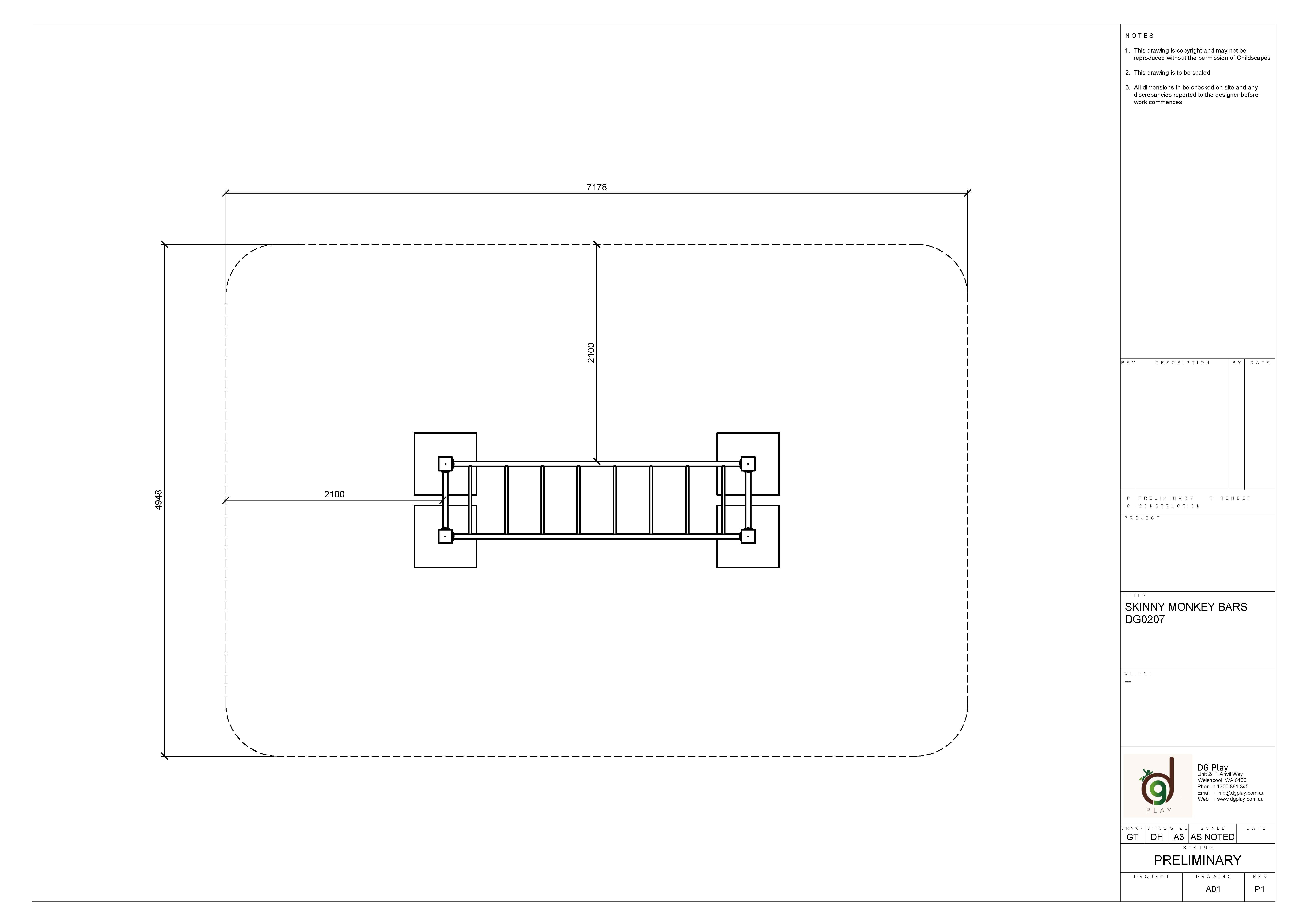 Blueprint drawing of Skinny Monkey Bars designed for children's playgrounds, showcasing safety features and durable construction for outdoor play areas.