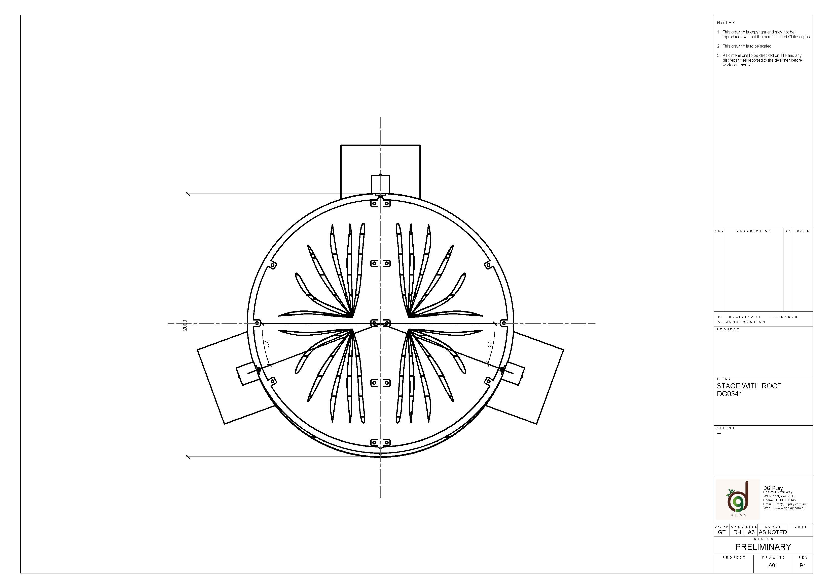 Outdoor stage with roof structure designed for events and performances, featuring a circular layout with integrated lighting and sound systems.