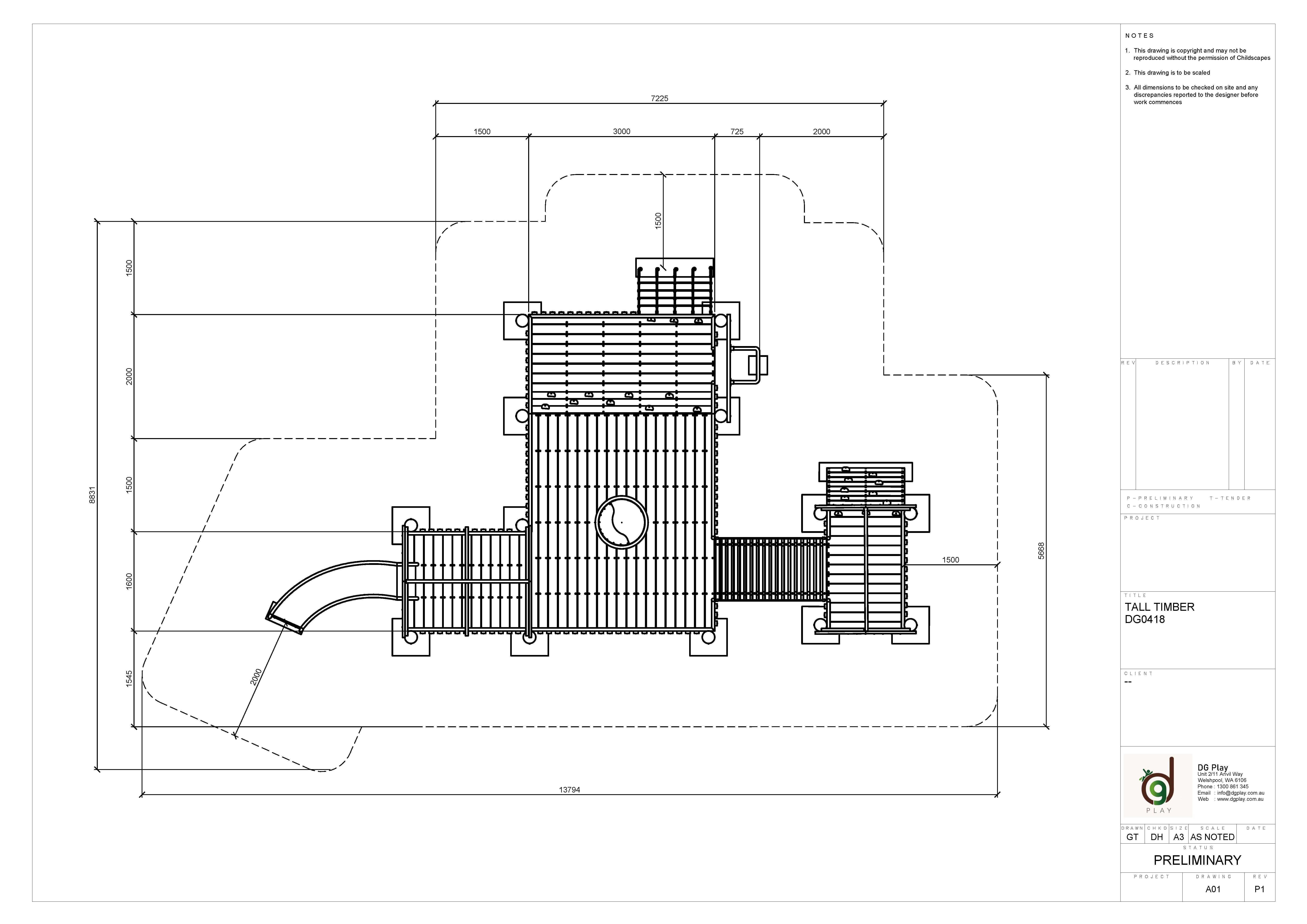 Playground equipment layout with tall timber-inspired structures for outdoor recreation.