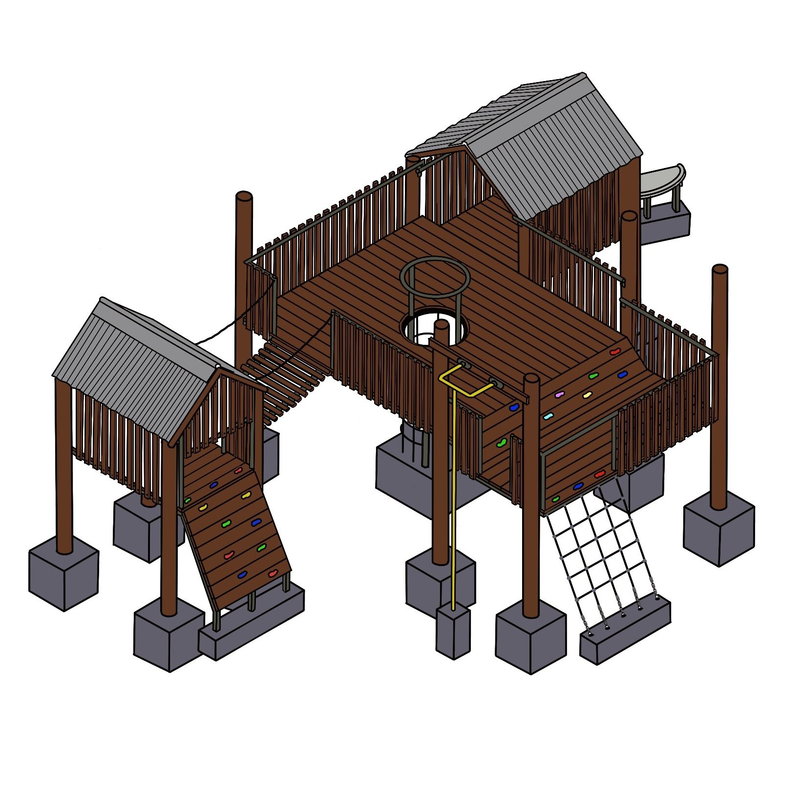 Outdoor wooden treehouse playset with climbing walls and lookout deck.