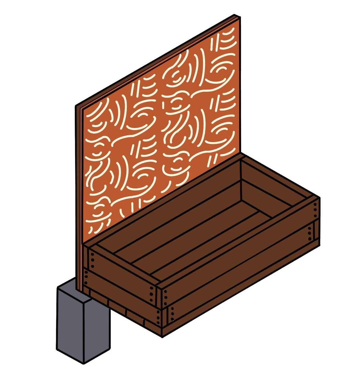 Veggie bed with timber construction and decorative screen for garden planting.