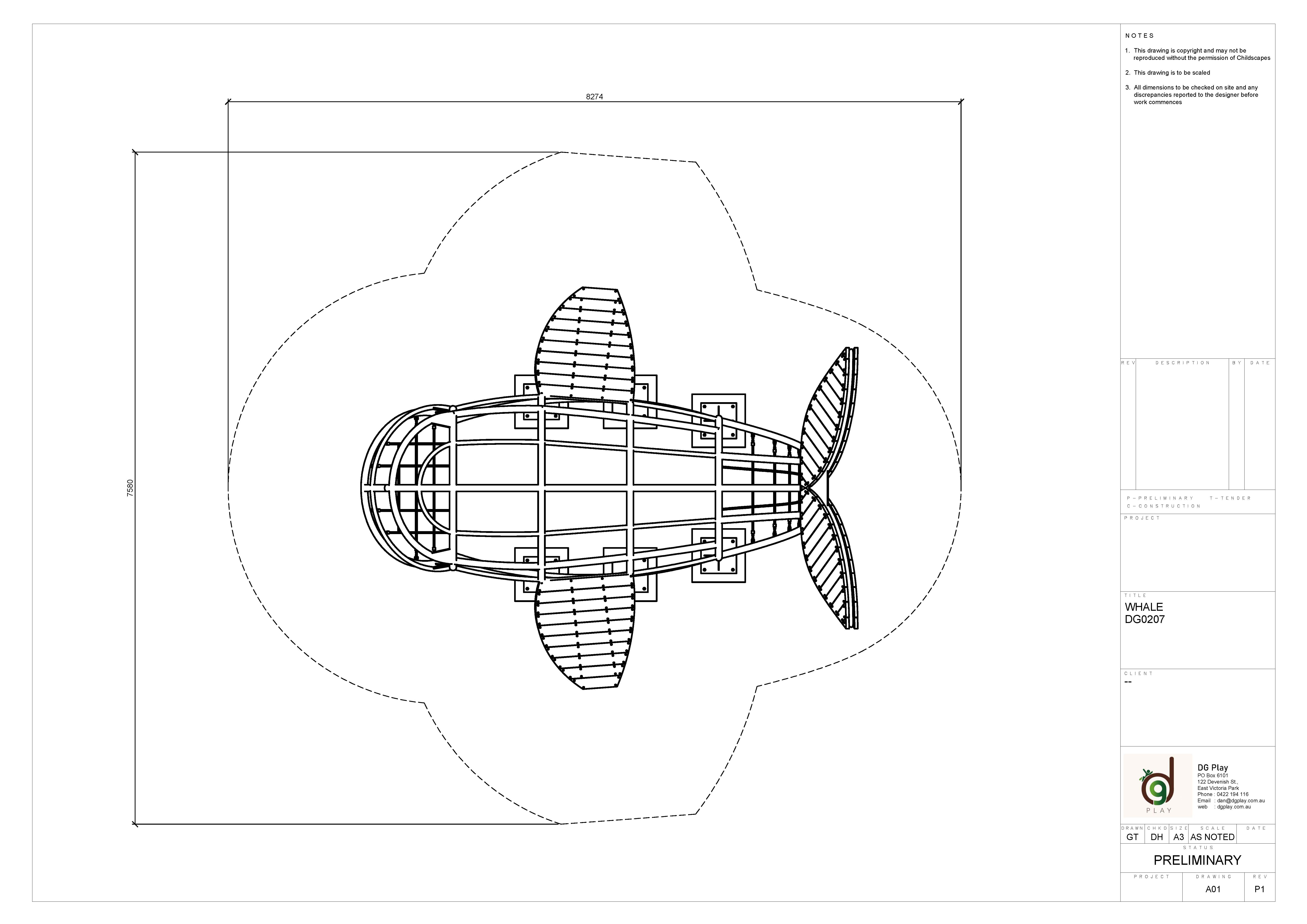 Architectural blueprint of a whale-shaped playground structure, showcasing detailed design plans and measurements for construction.