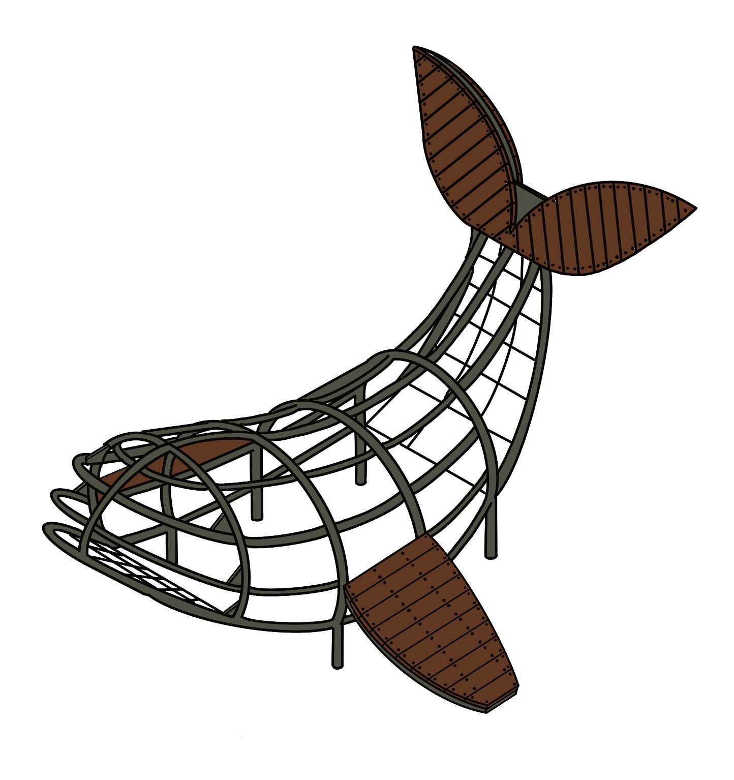 Whale sculpture made of metal and wood, designed for outdoor decor, inspired by marine life, perfect for garden or public space installations.