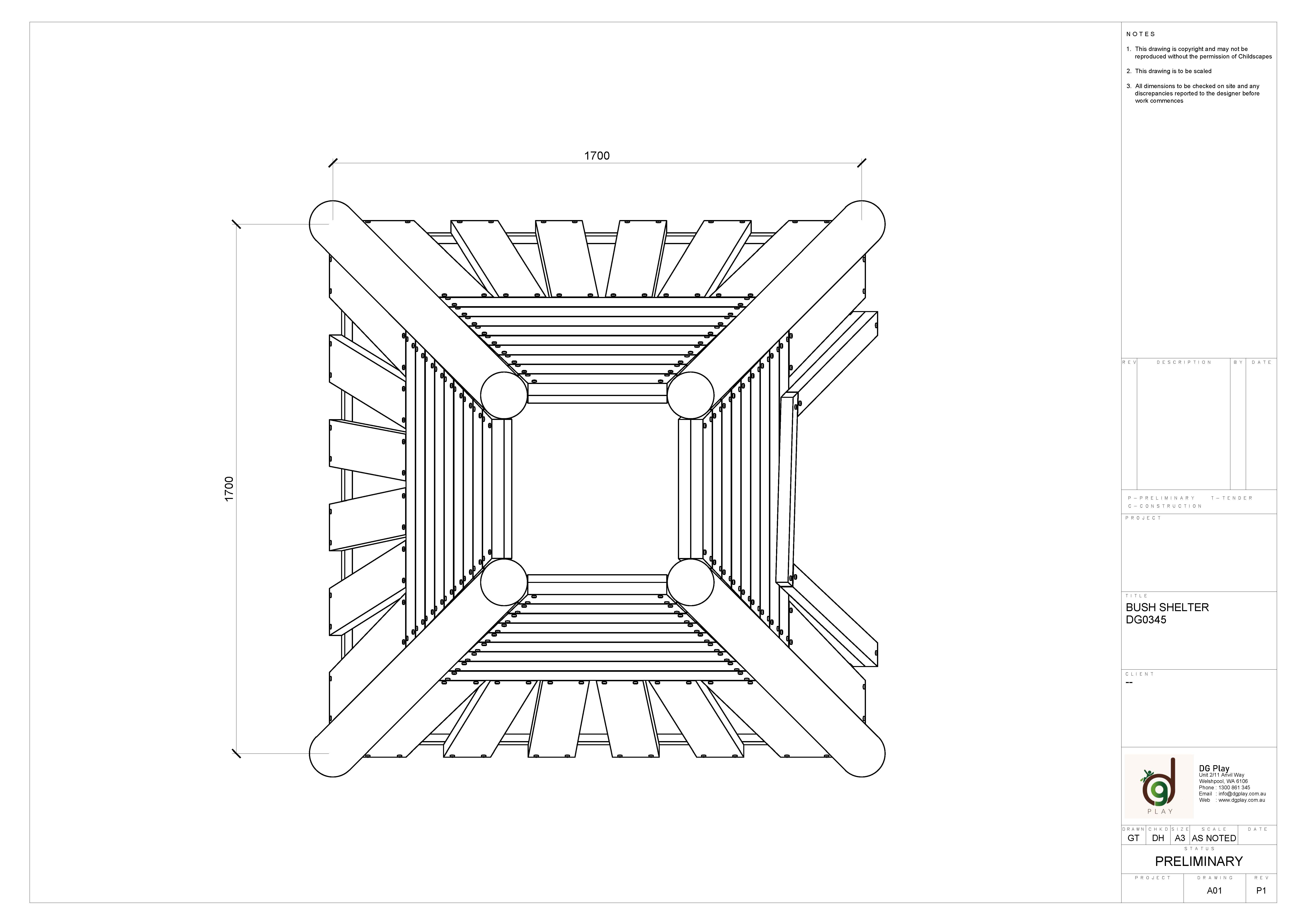 Detailed blueprint of a bush shelter showing structural design and measurements for outdoor shelter construction.