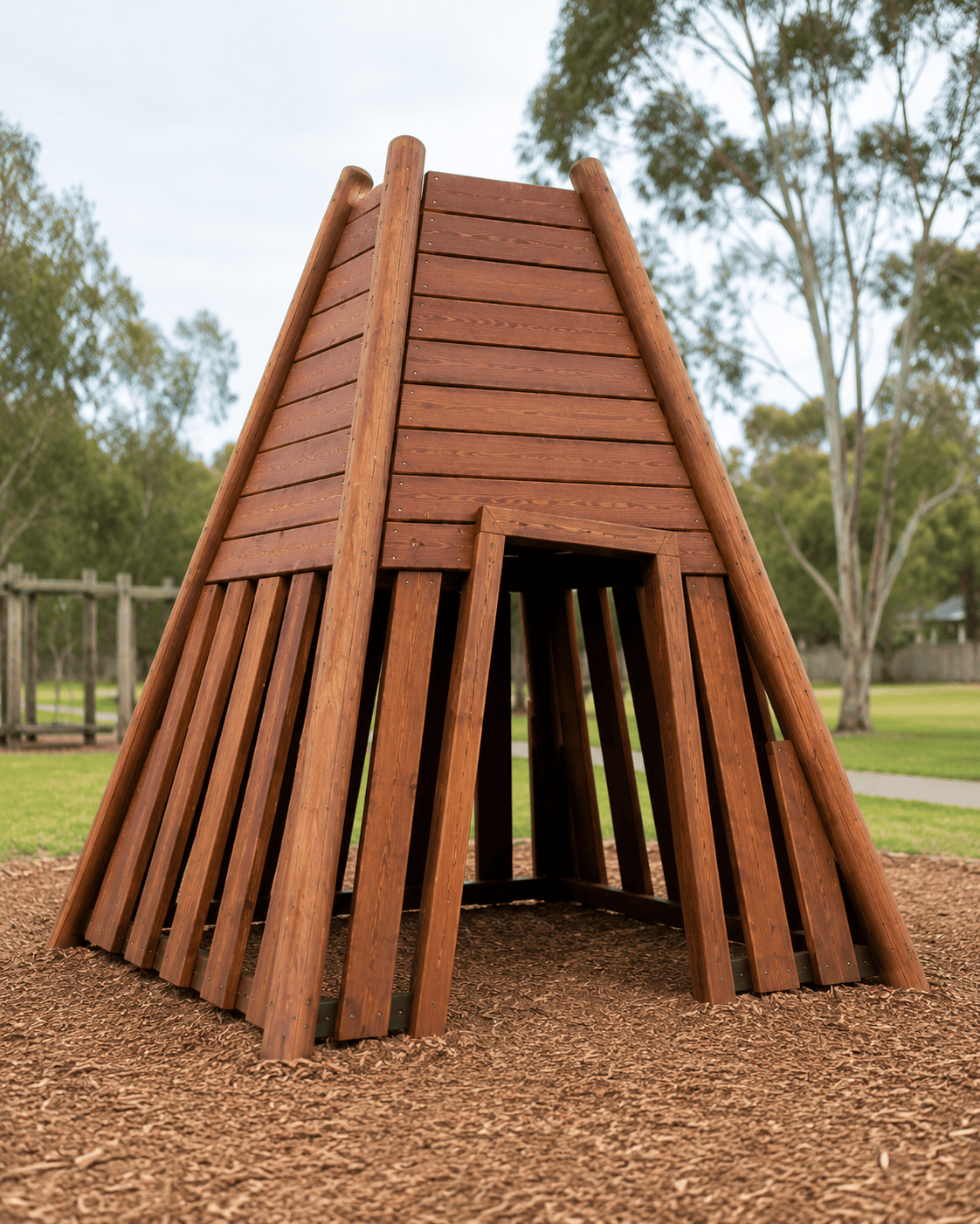 Children's wooden bush shelter in a park setting, designed for outdoor play and imaginative activities, with trees and a grassy area in the background.