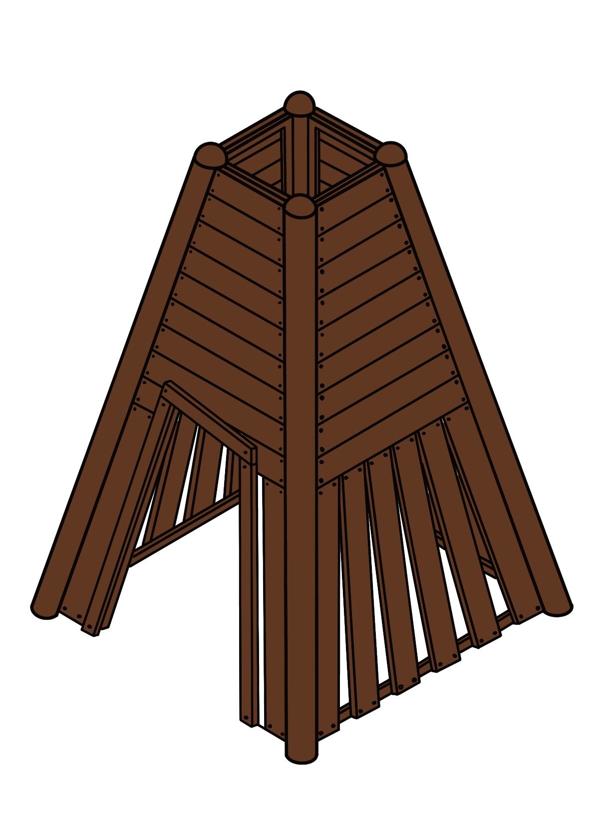 Illustration of a wooden bush shelter with a conical roof and open sides, ideal for outdoor survival or camping scenarios.