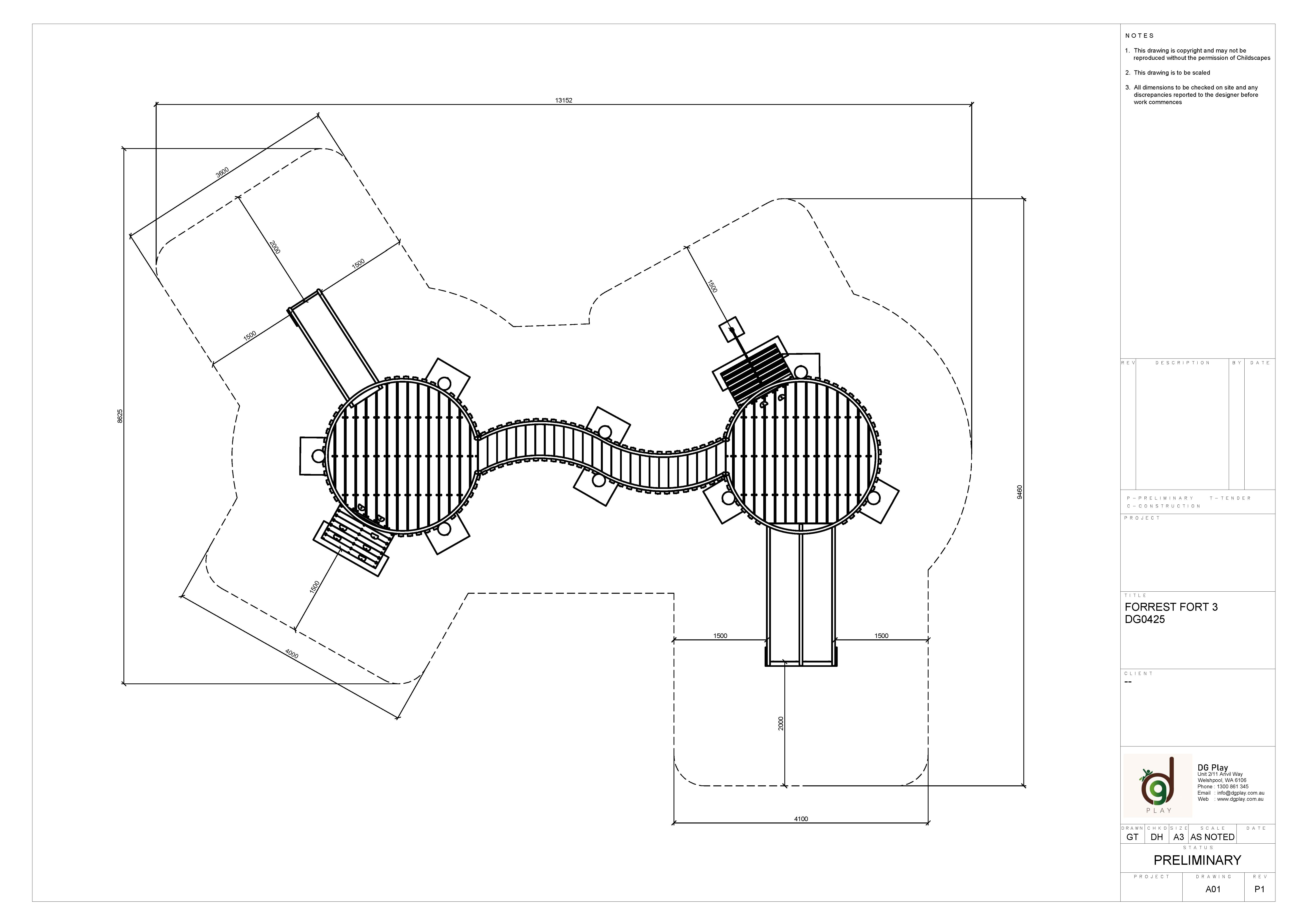 Architectural blueprint of a playground with two circular play areas connected by a bridge, including stairs and surrounding landscape.