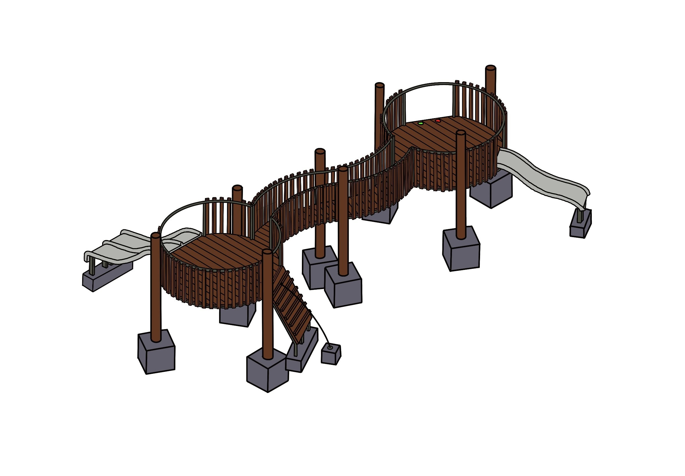 Colorful wooden playground structure with slides and stairs for children to play and climb.
