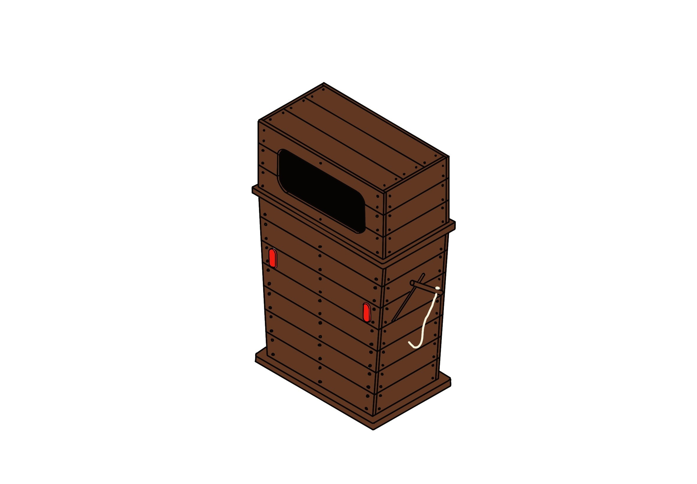 A wooden fuel bowser storage unit with a black window and red safety features, designed for secure fuel storage and dispensing.