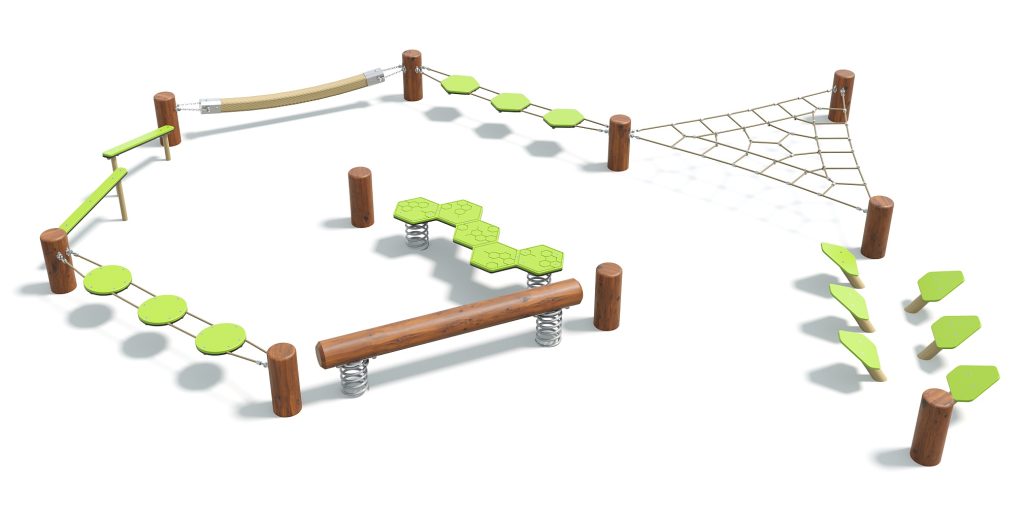 Outdoor playground climbing structure with various elements including a net, stepping stones, and balance beams for children.