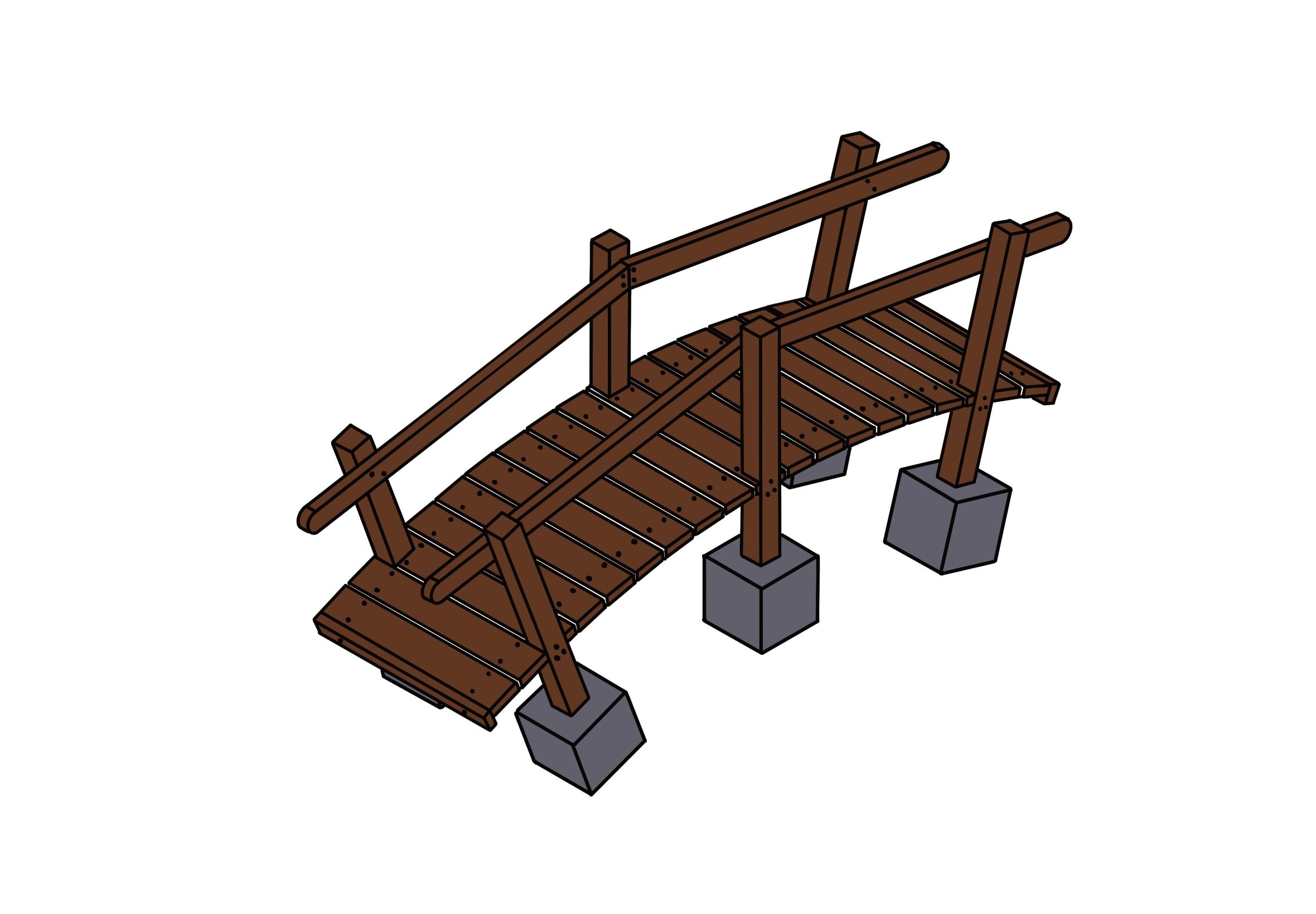 Illustration of a wooden footbridge with curved design, supported by concrete blocks, suitable for gardens or parks.