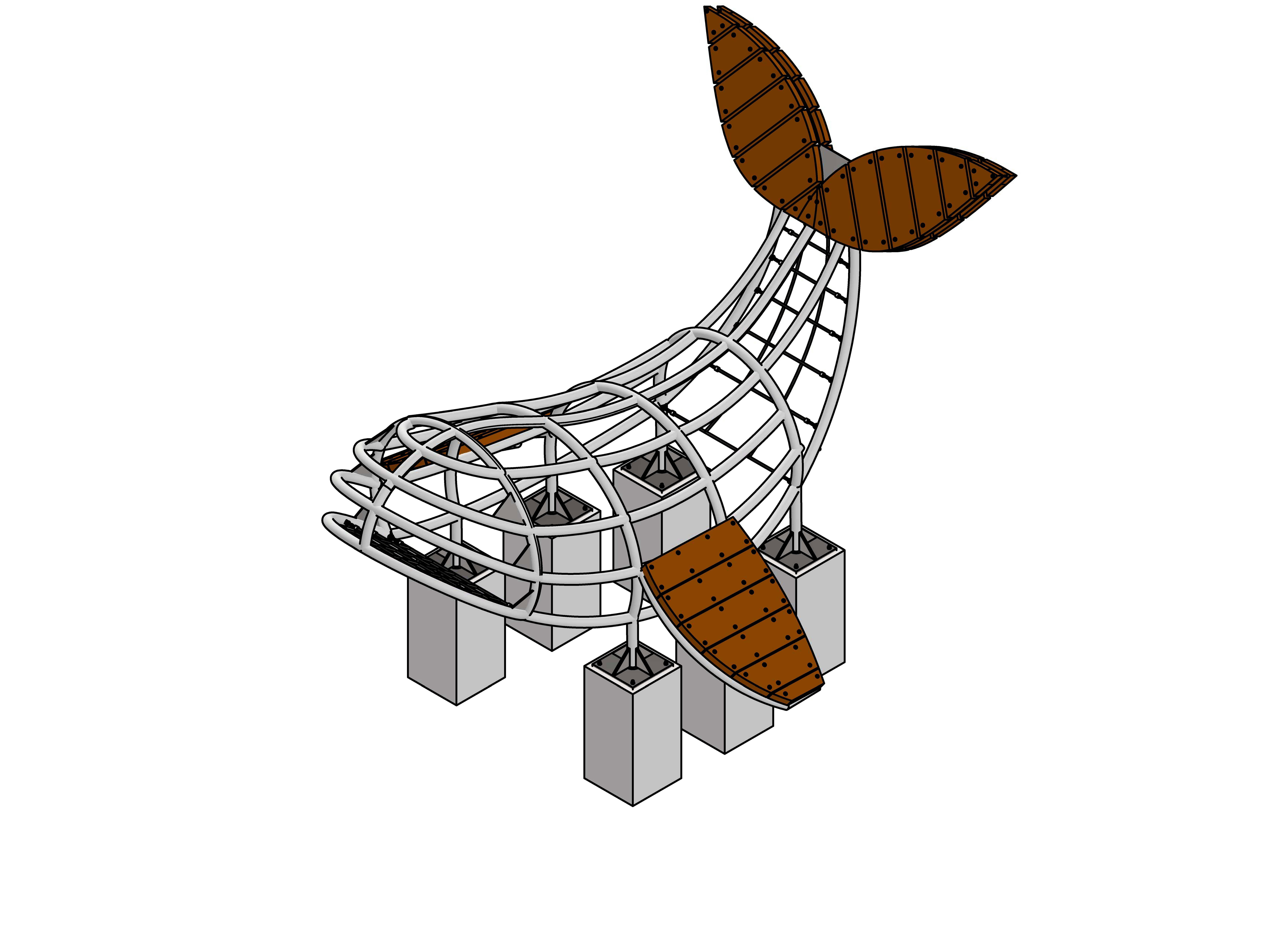 3D model of a whale-shaped playground with a metal frame and wooden fins, designed for children's play areas.